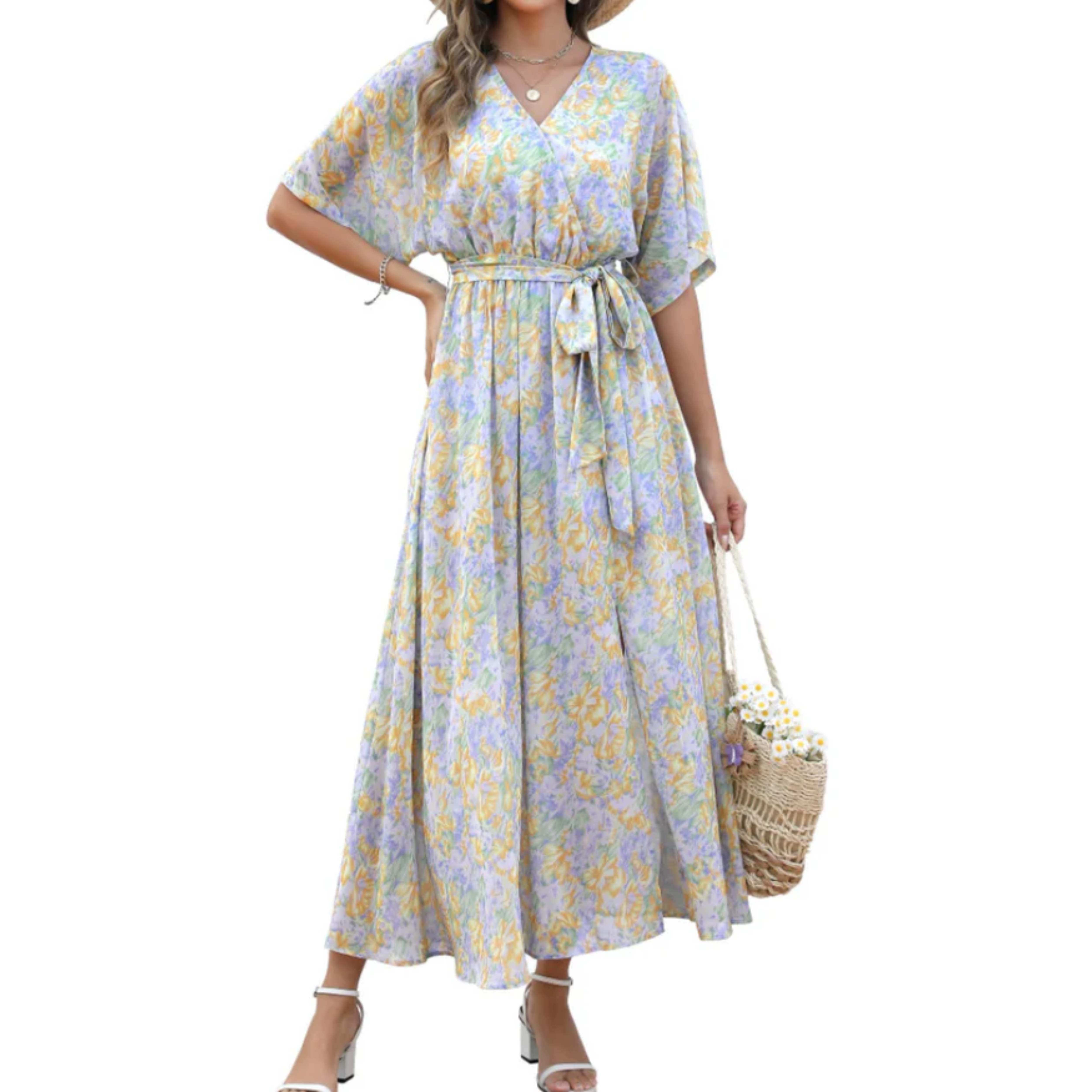Maxi kimono kjole med blomster — boheme stil — sommerferie