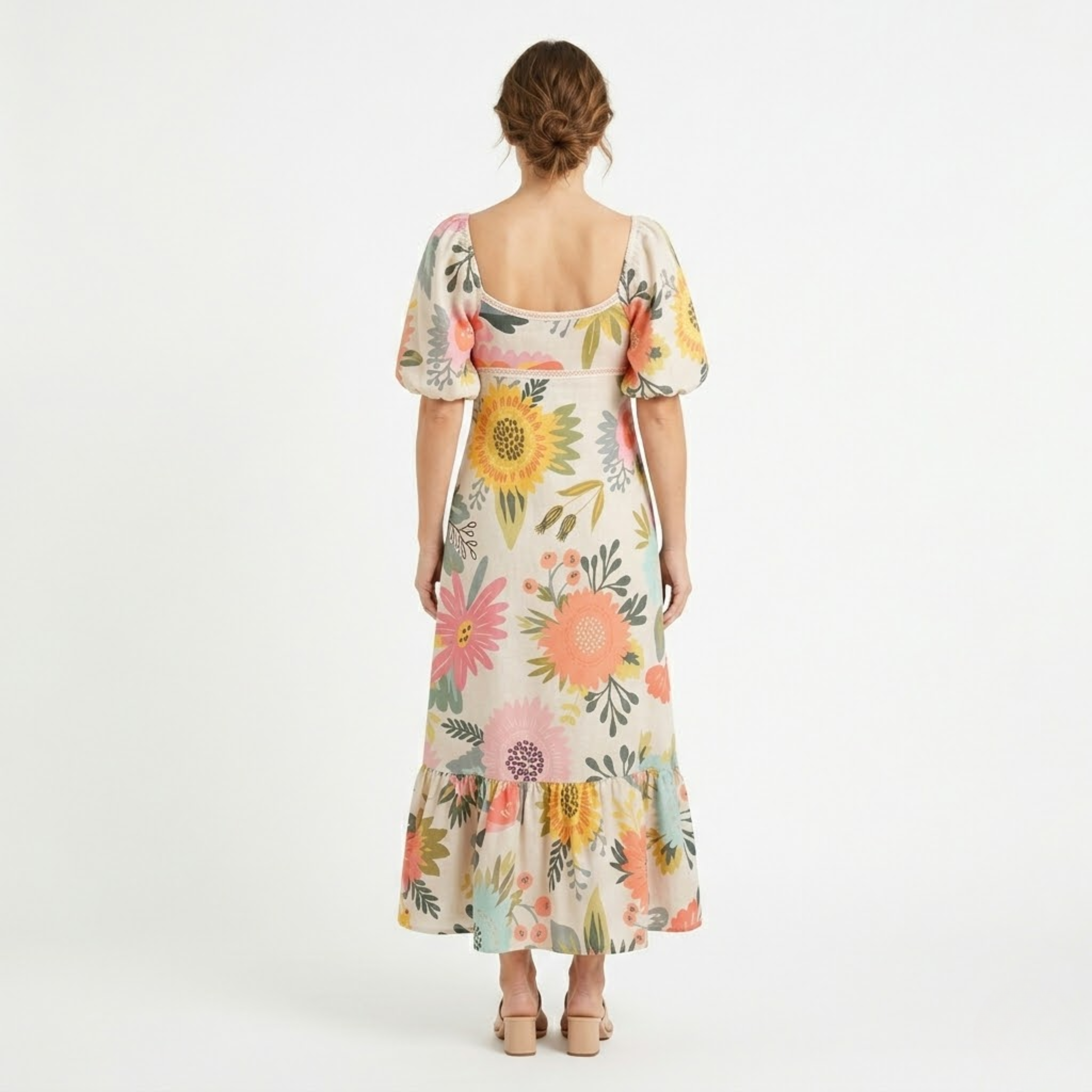 Női hosszú ruha virágmintával, négyzet alakú nyakkivágással és fodros ujjakkal