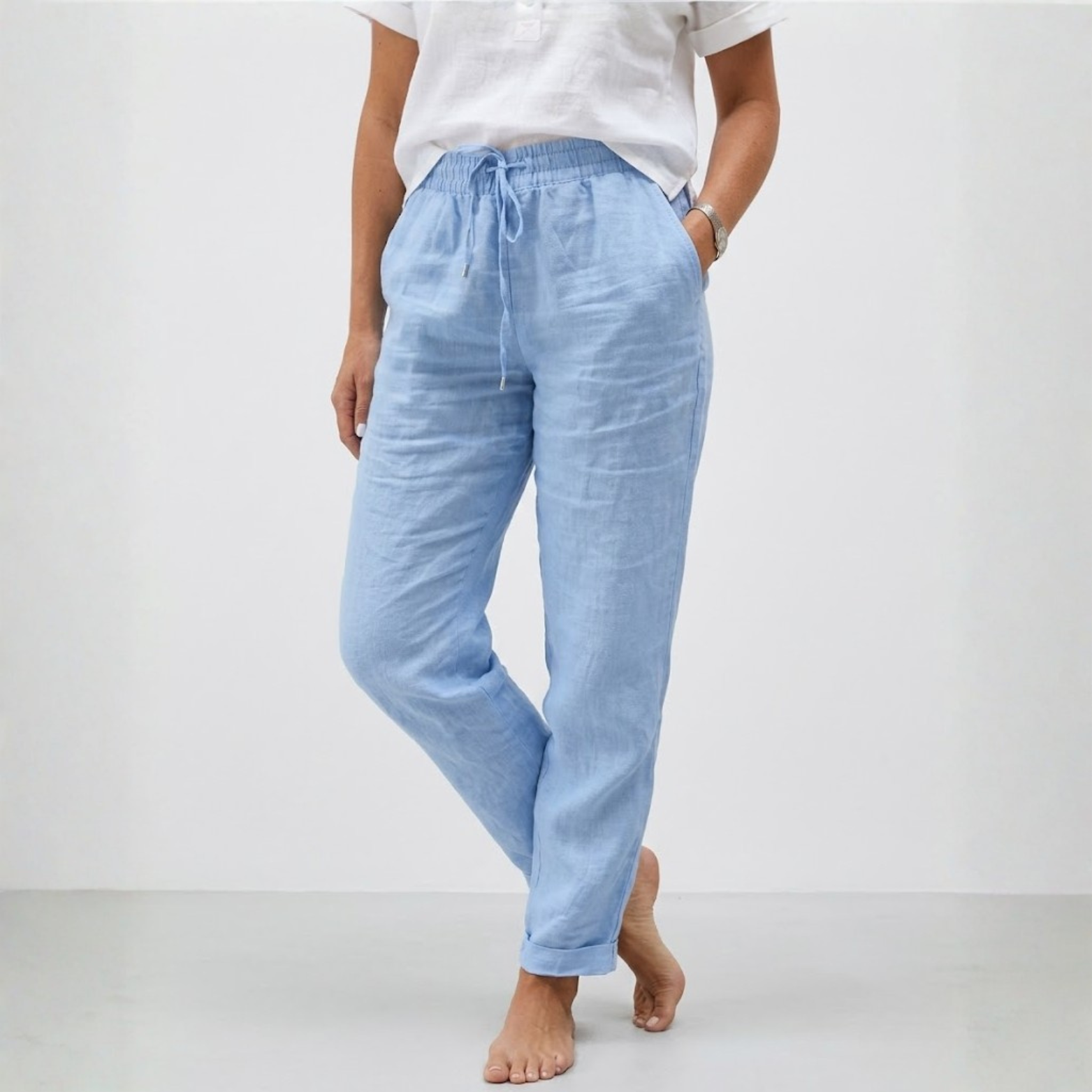 Calças de Algodão e Linho com Cintura Alta Elástica e Corte Descontraído para Mulher