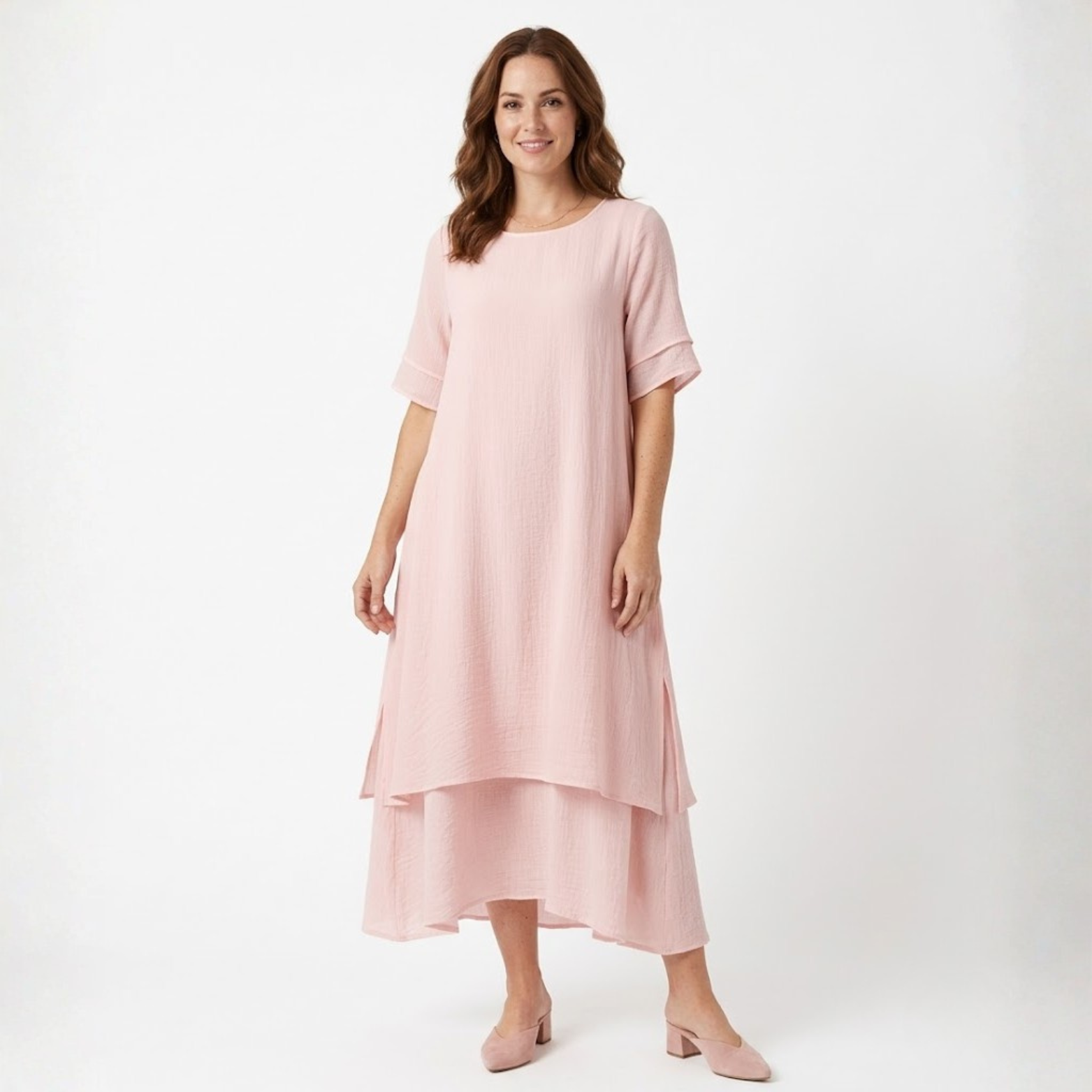 Női Midi Bő Ruha Rövid Ujjakkal és Rétegezéssel