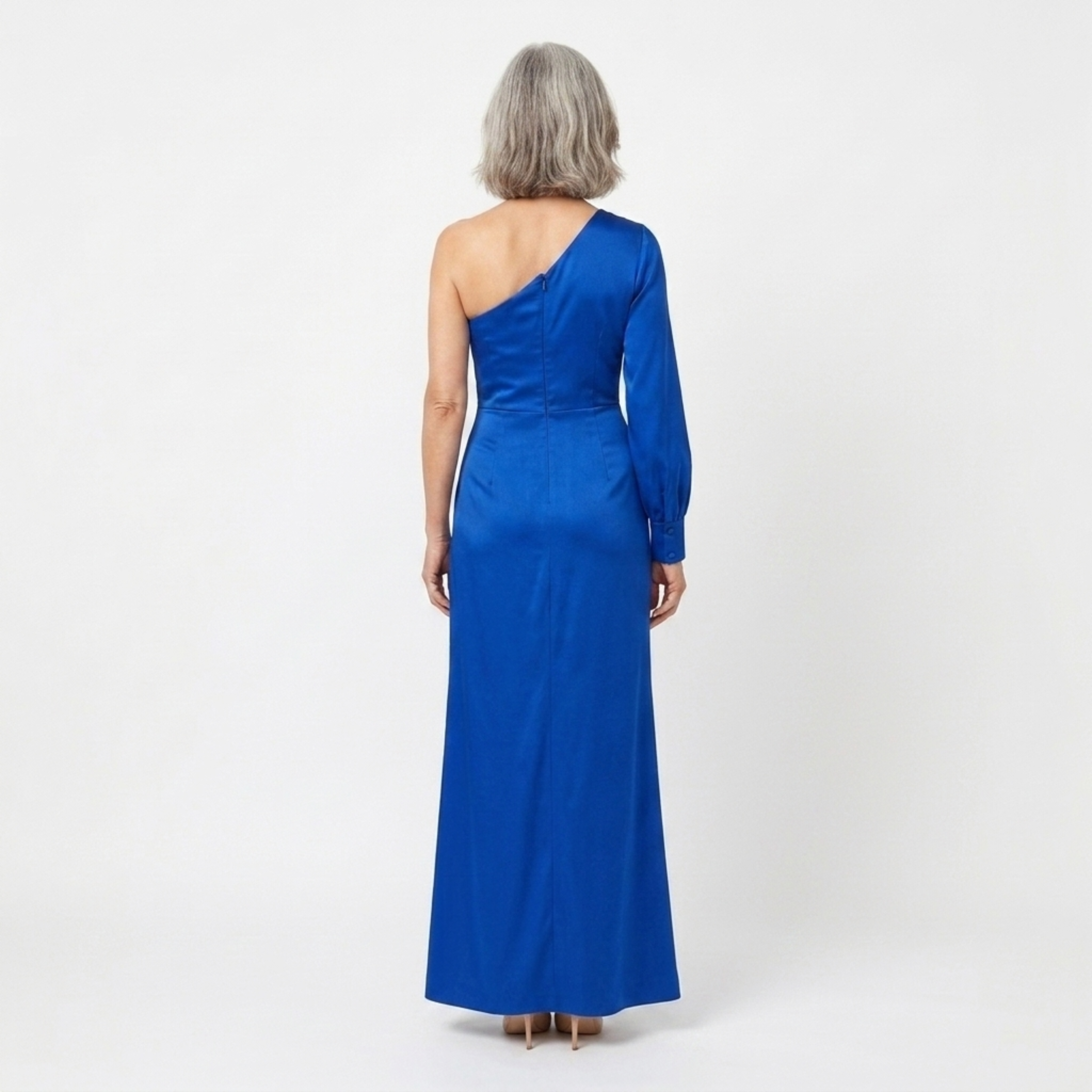 Rochie lungă de damă — satin asimetric cu umăr gol | seară de nuntă