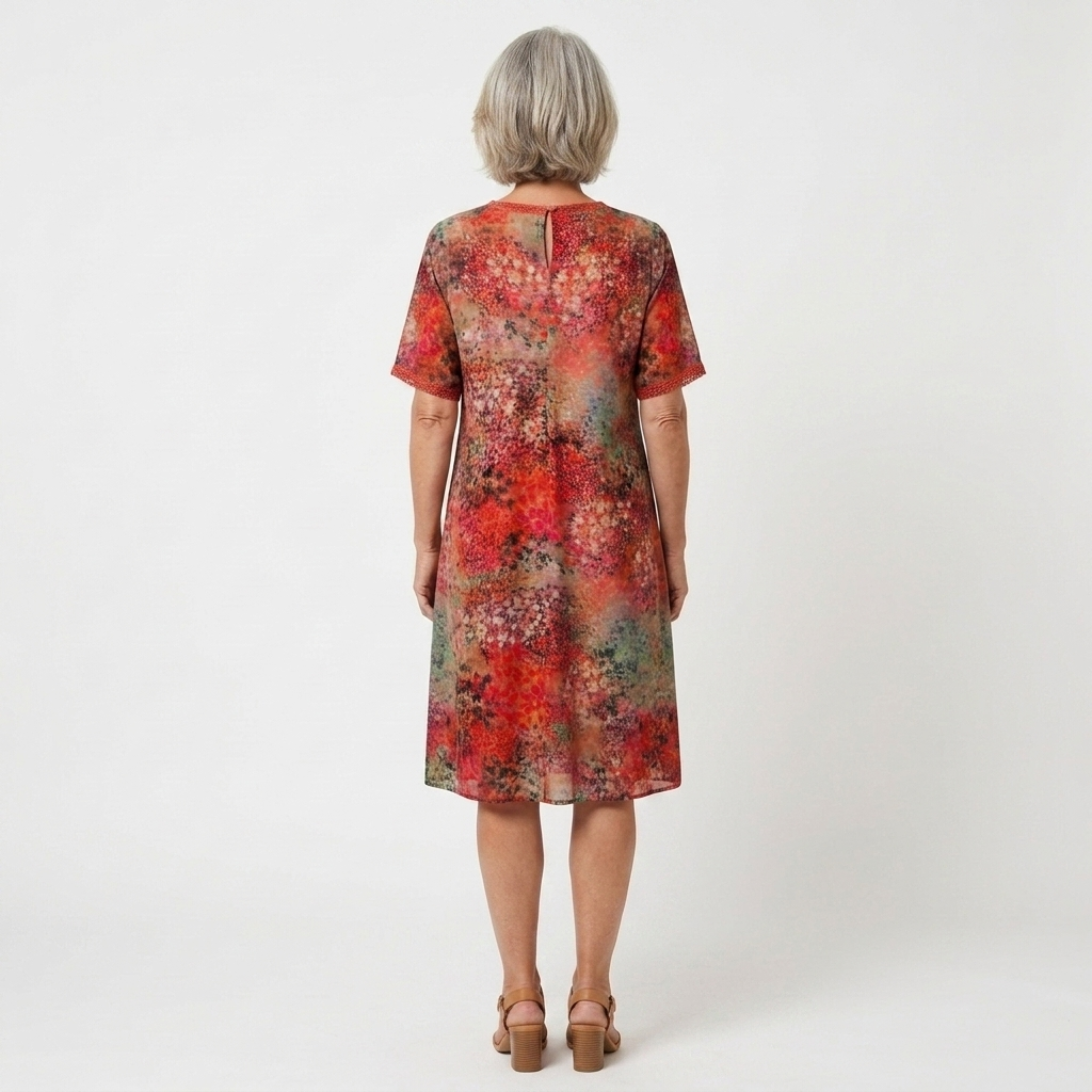 Women's mid-length flared dress — printed pattern and V-neck — casual