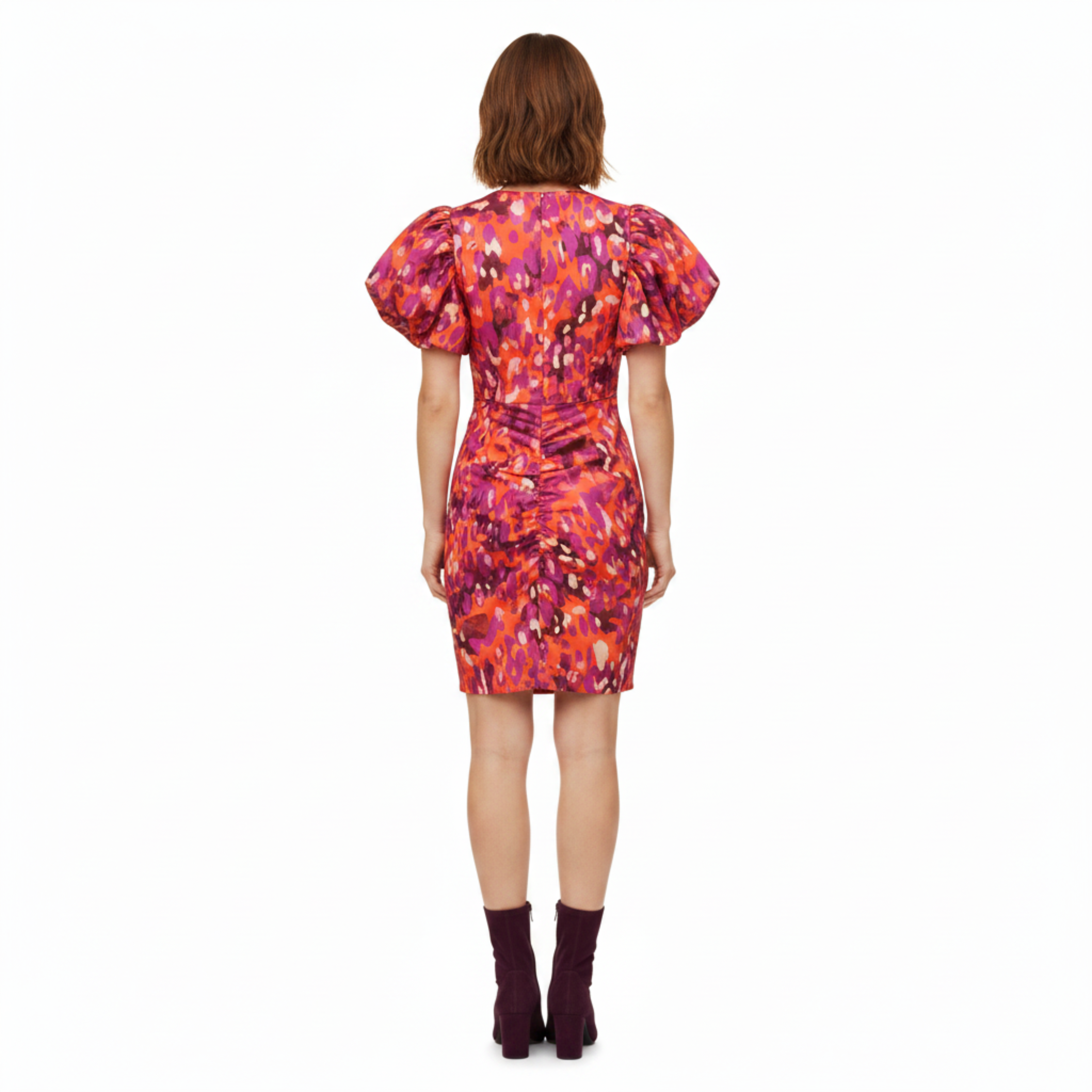 Abito midi stampato con maniche a sbuffo e scollo a V da donna