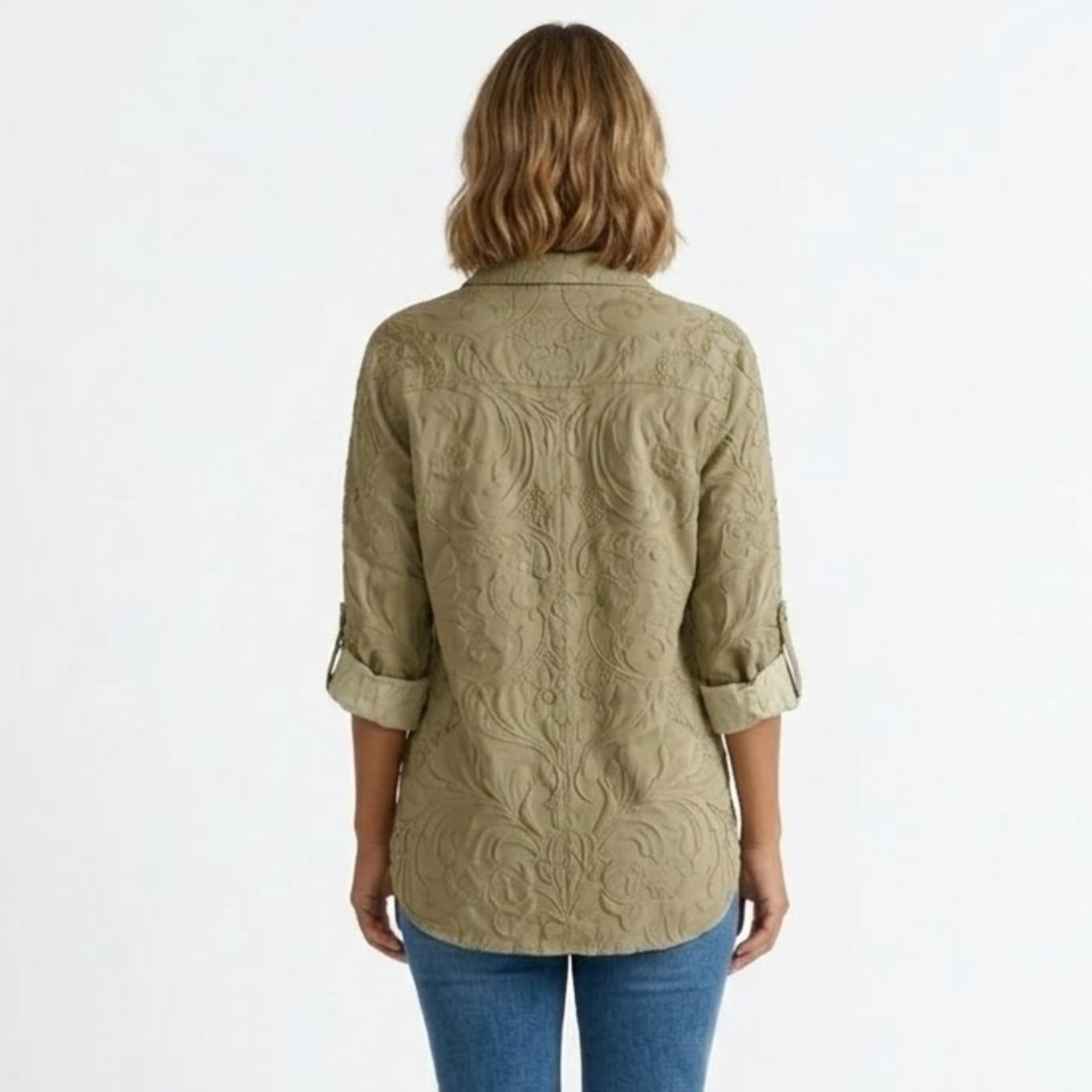 Camicia di cotone a fiori con colletto classico e maniche a tre quarti