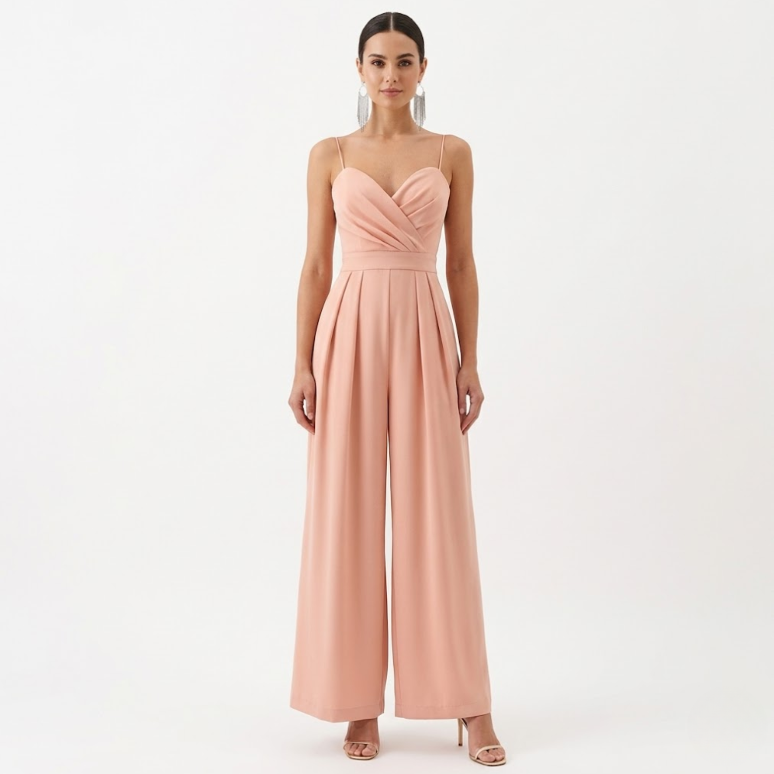 Combinaison Pantalon Large à Bretelles avec Col en V et Taille Haute pour Femmes