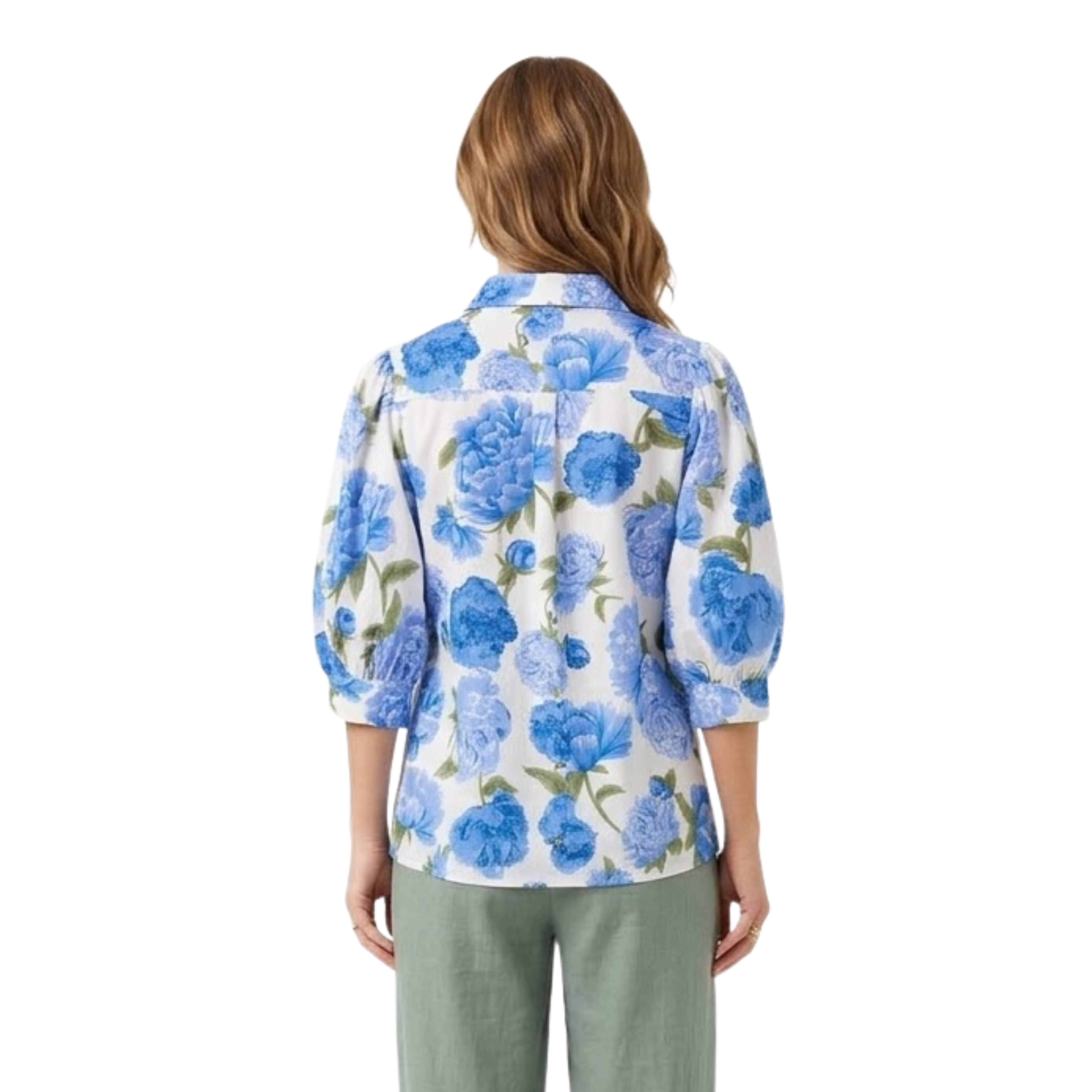 Camisa de flores en popelina con mangas abullonadas y cuello con solapa para mujer