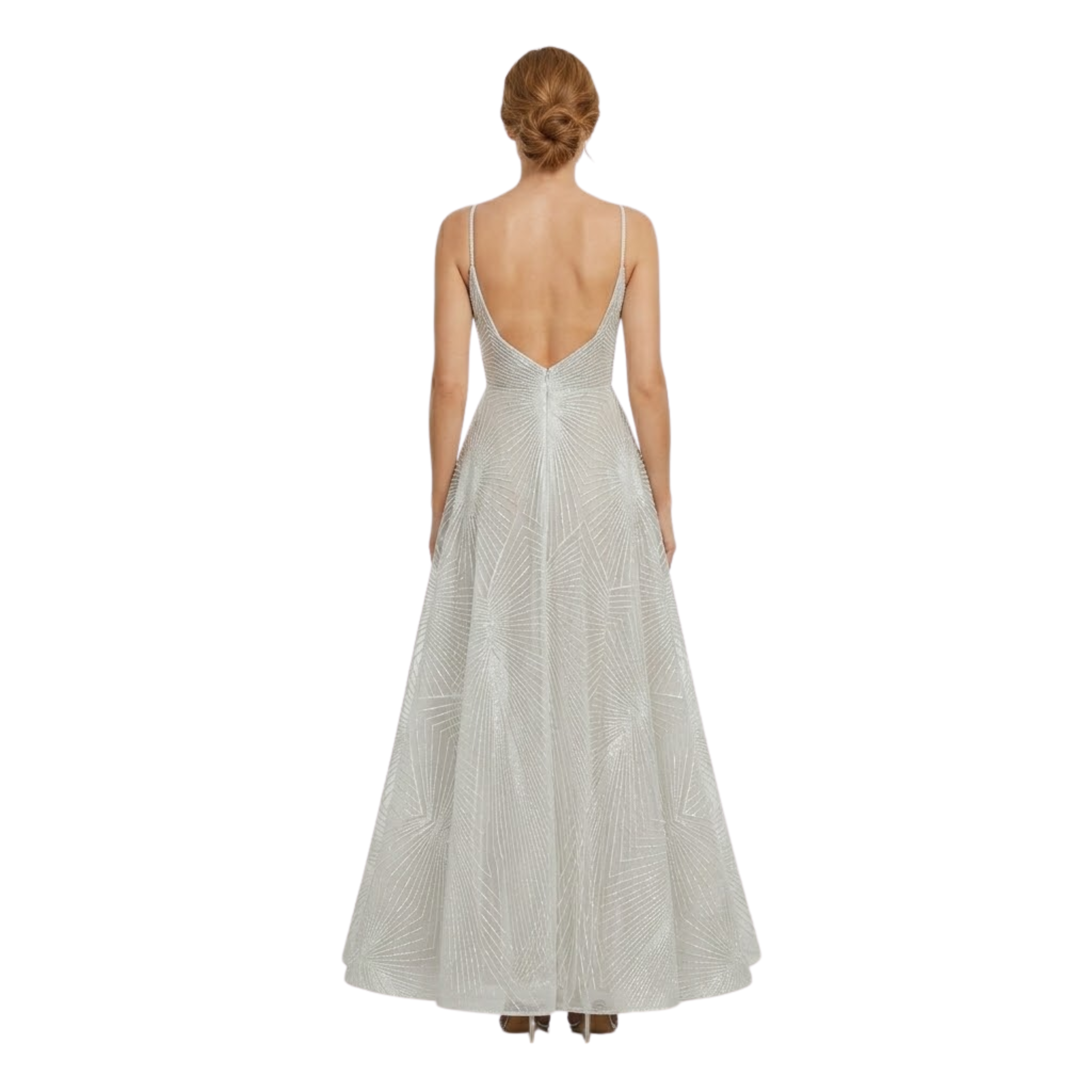 Robe de Soirée Évasée à Paillettes avec Col en V et Fines Bretelles