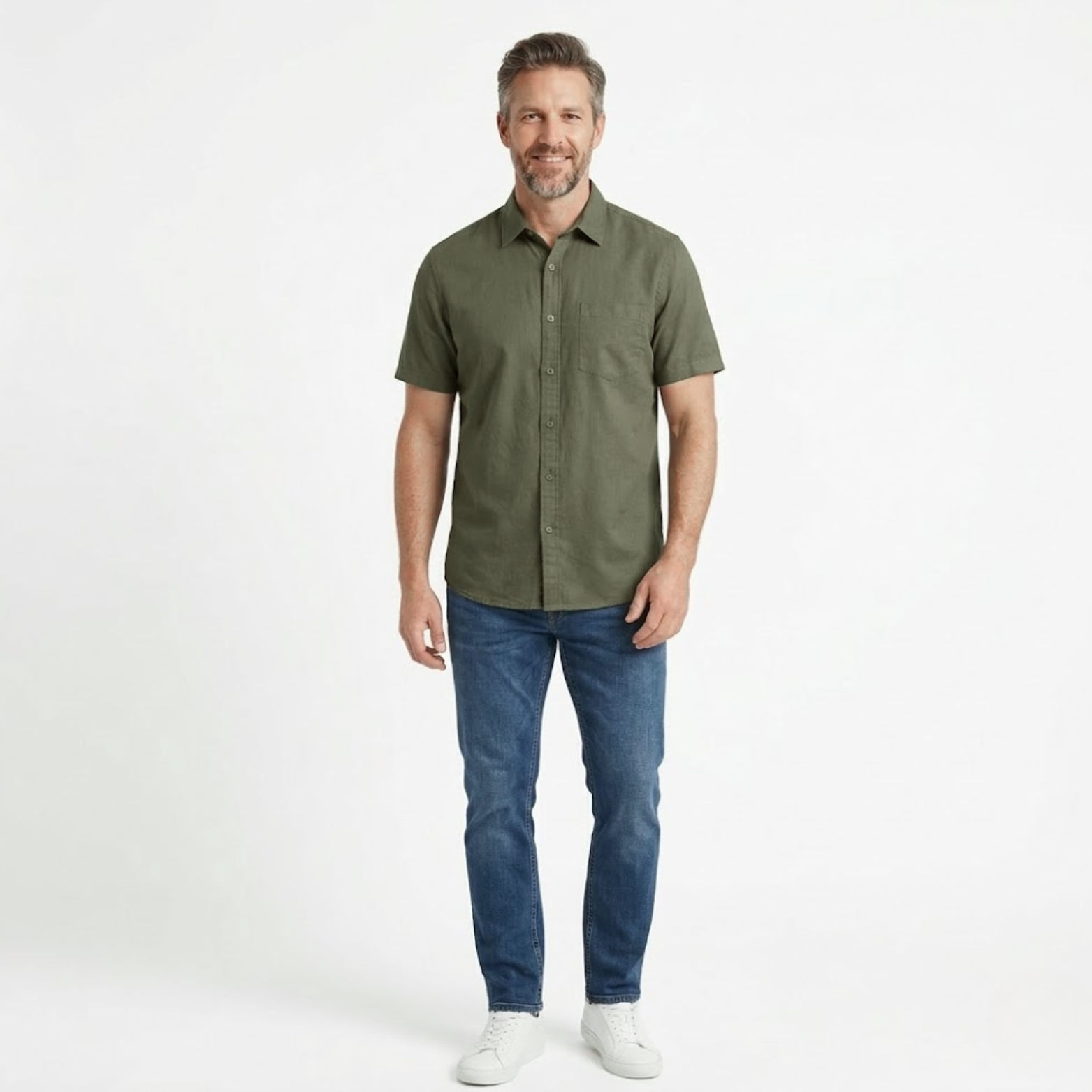 Rövid ujjú len- és pamut ing férfiaknak, mellzsebbel