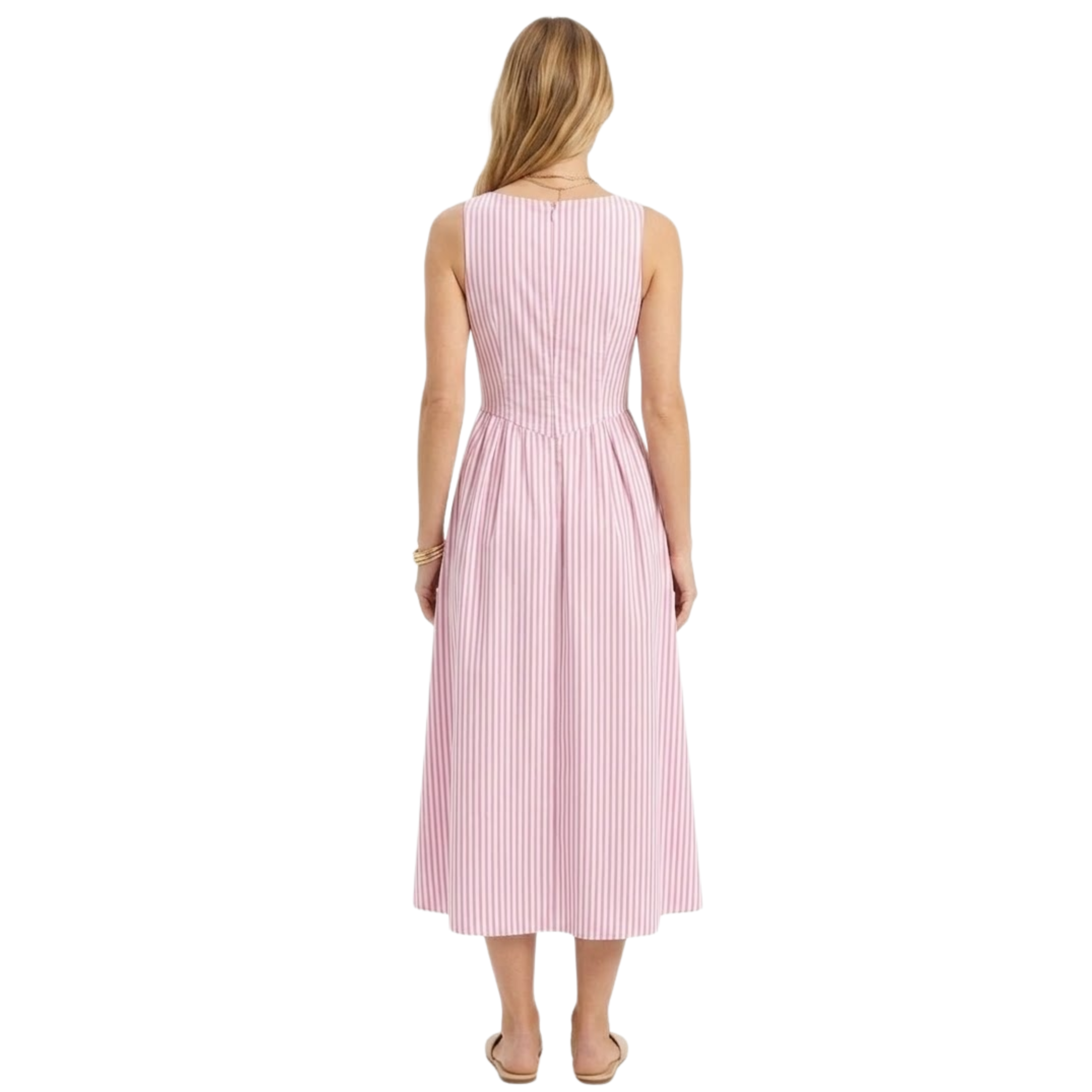 Női ujjatlan hosszú ruha függőleges csíkokkal és magas nyakkal