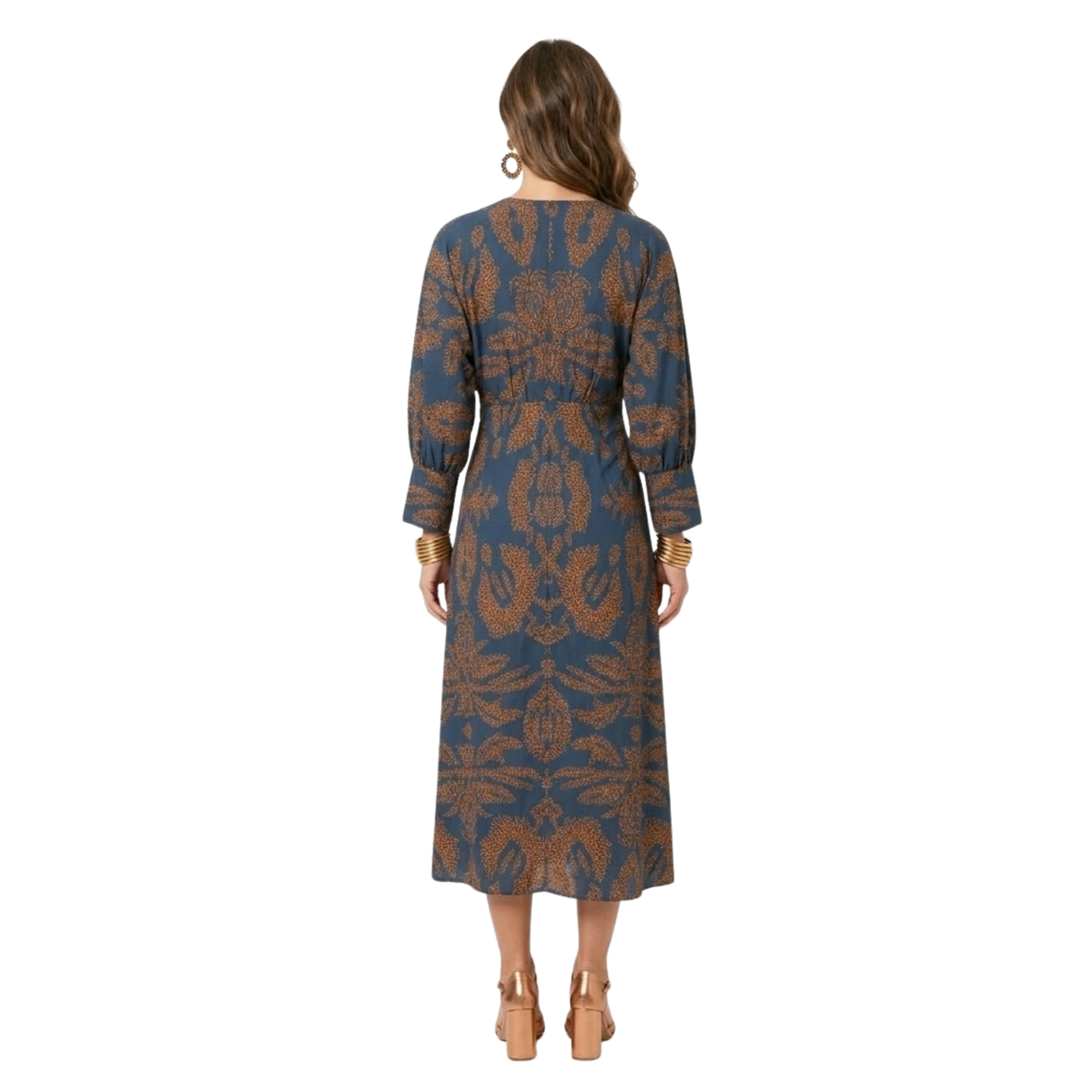 Maxi ruha V-nyakkivágással, barokk mintával és elöl megkötött részlettel