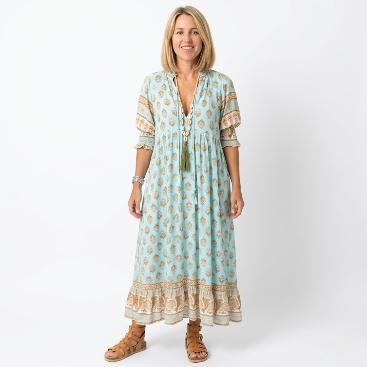 Női Boho Stílusú Midi Ruha Virágmintával, V-nyakú és Lámpás Ujjú