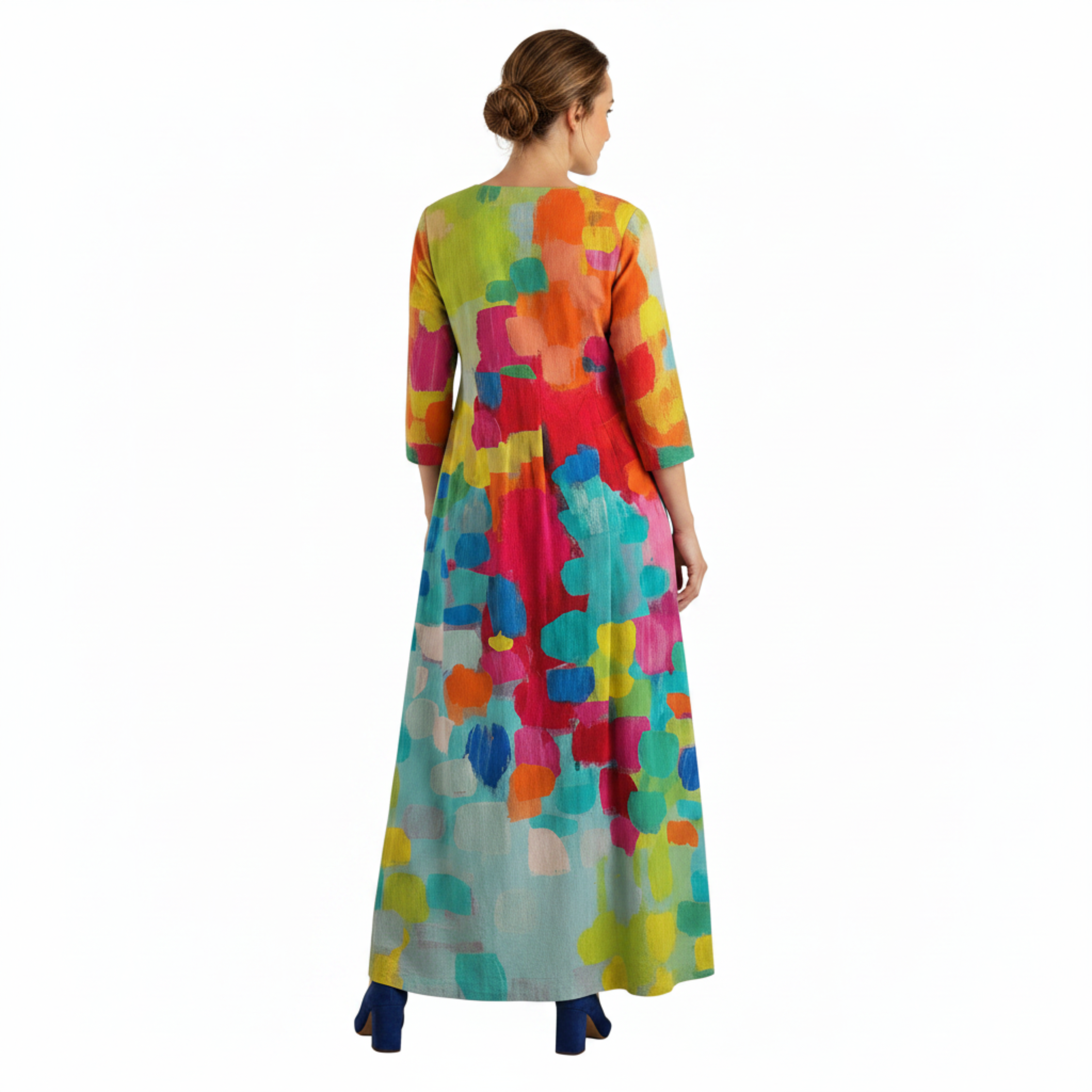 Abito lungo da donna con scollo a V e stampa artistica astratta multicolore