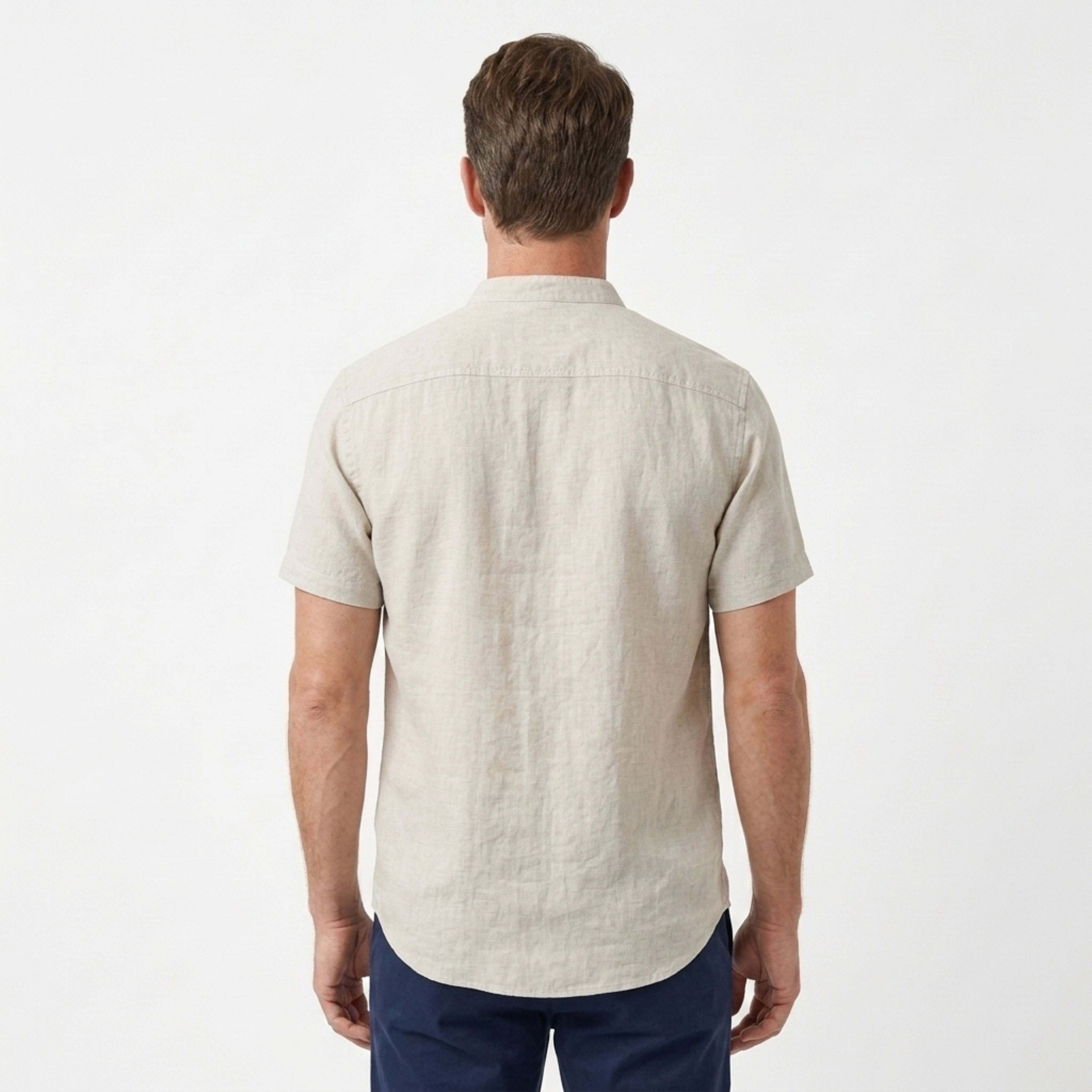 Men's Linen Shirt with Mandarin Collar and Short Sleeves — Summer