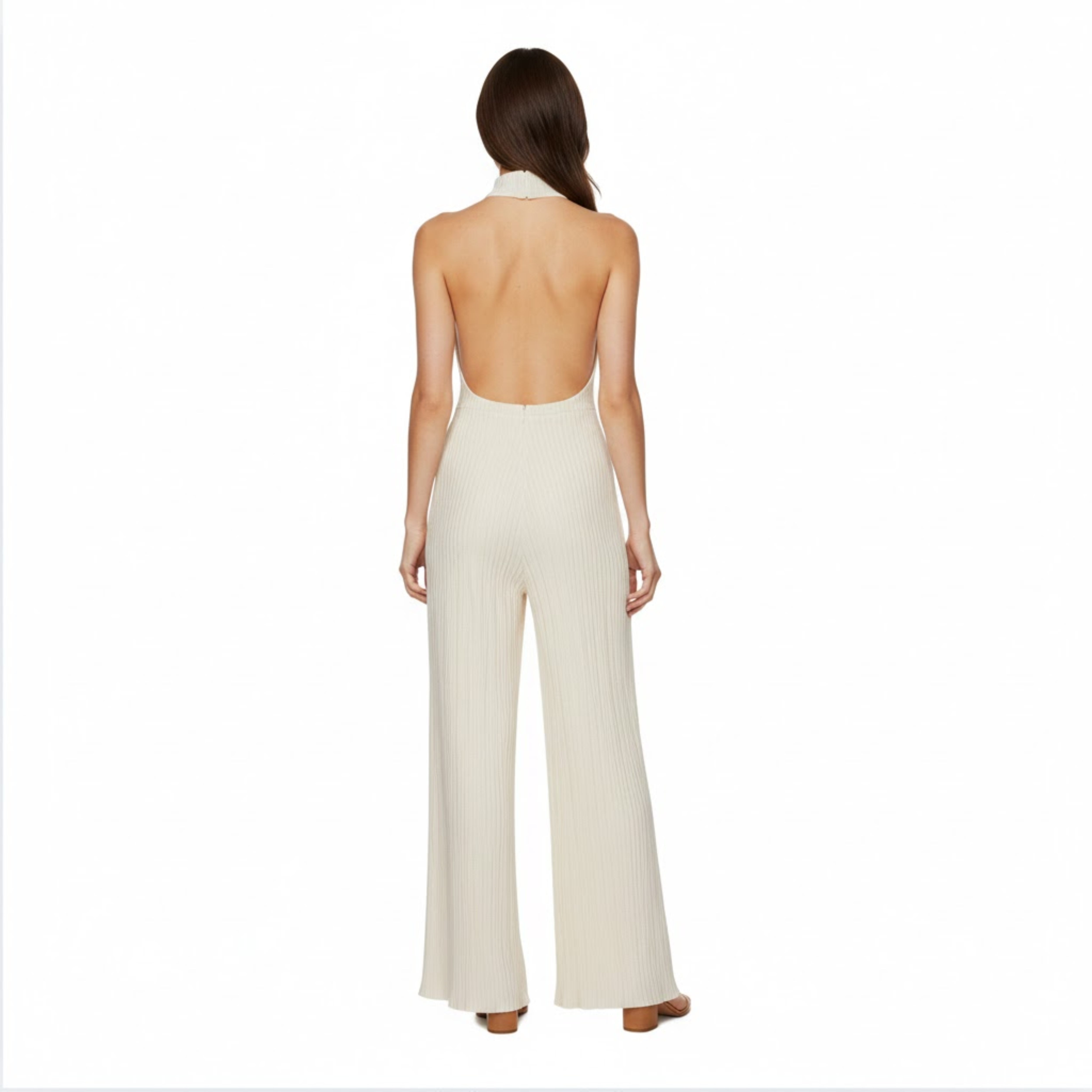 Női pliszírozott szett hátul kivágott toppal és bőszárú, légies nadrággal