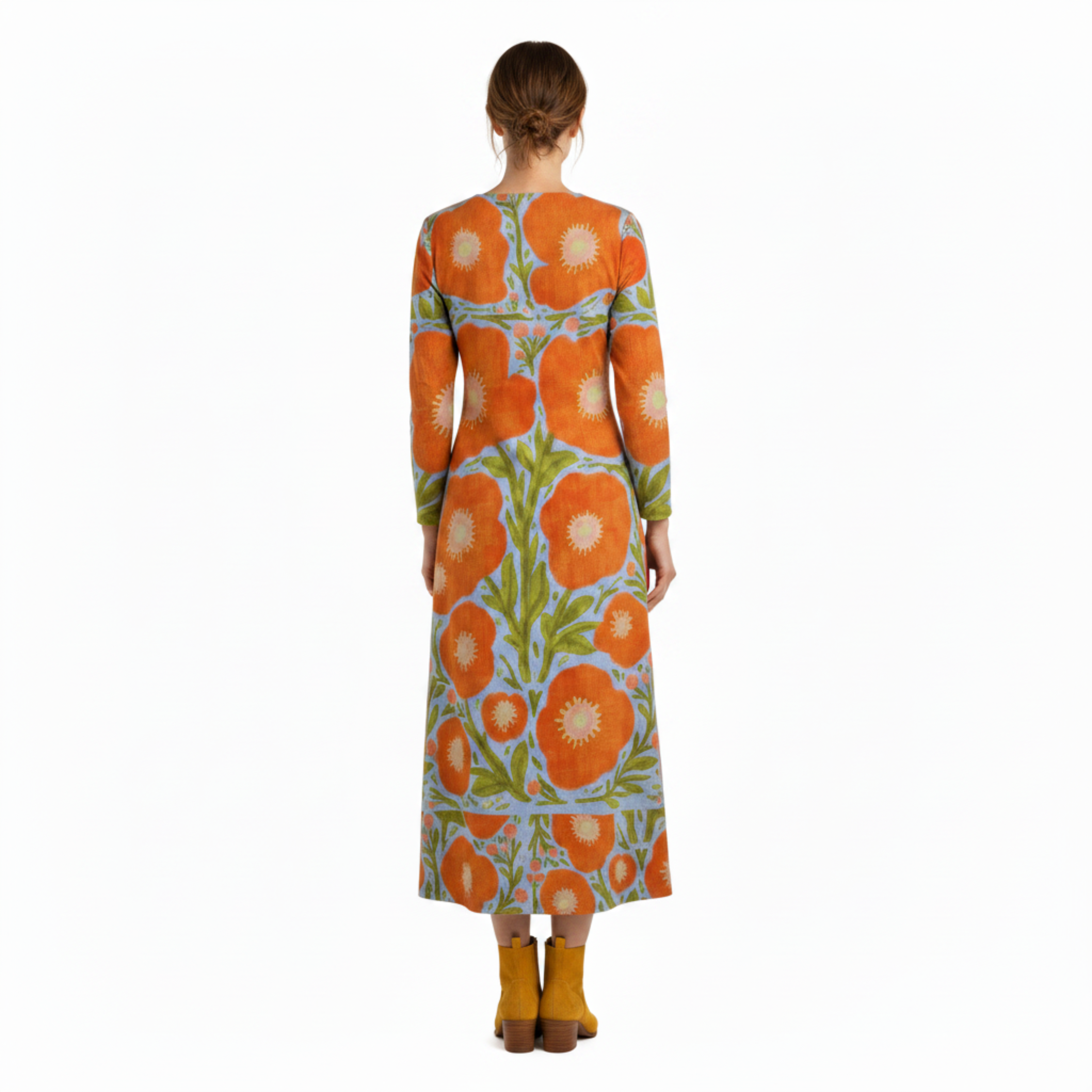 Vestido largo de lino para mujer con estampado floral vintage y bolsillos