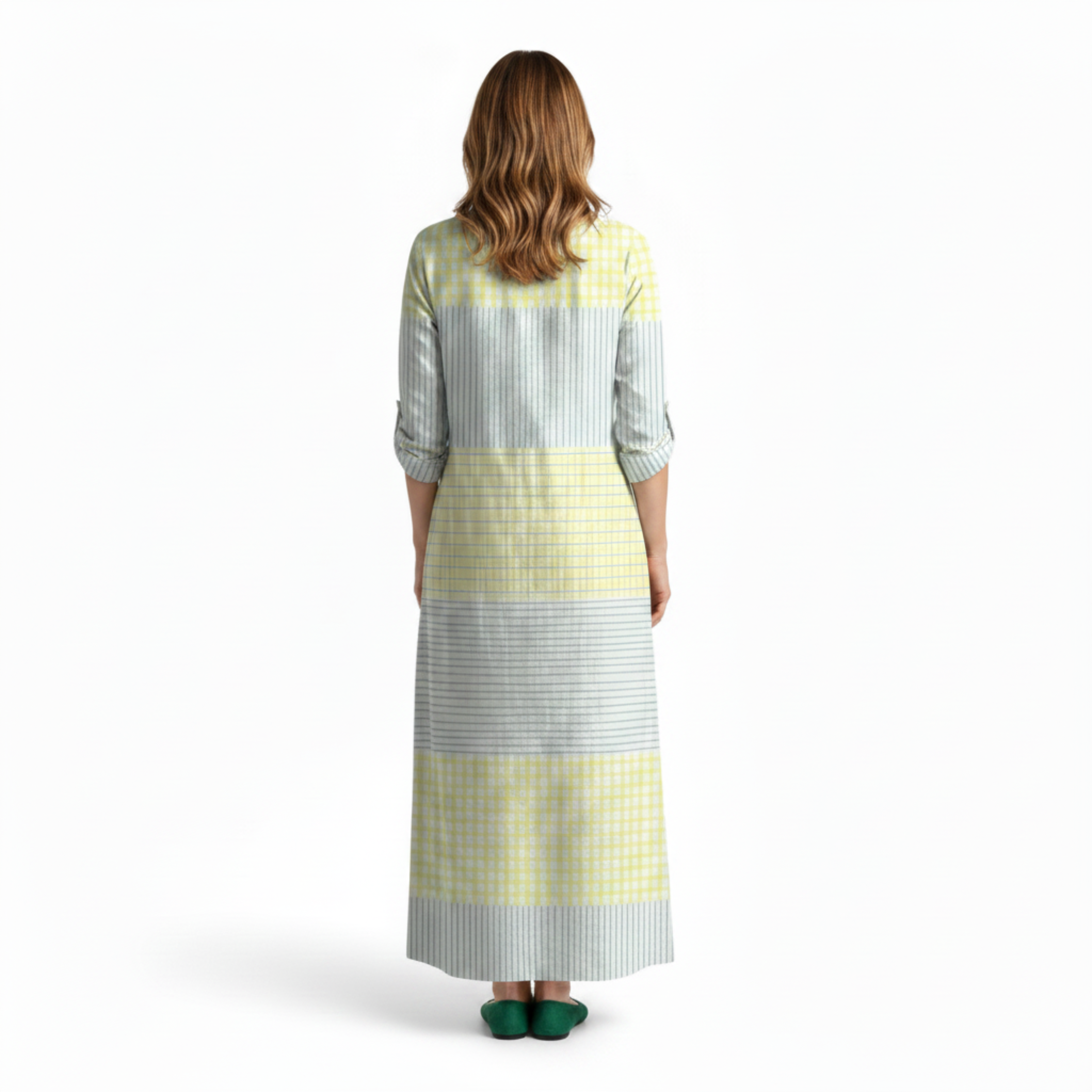 Abito lungo in lino da donna con scollo a V e stampa astratta vintage