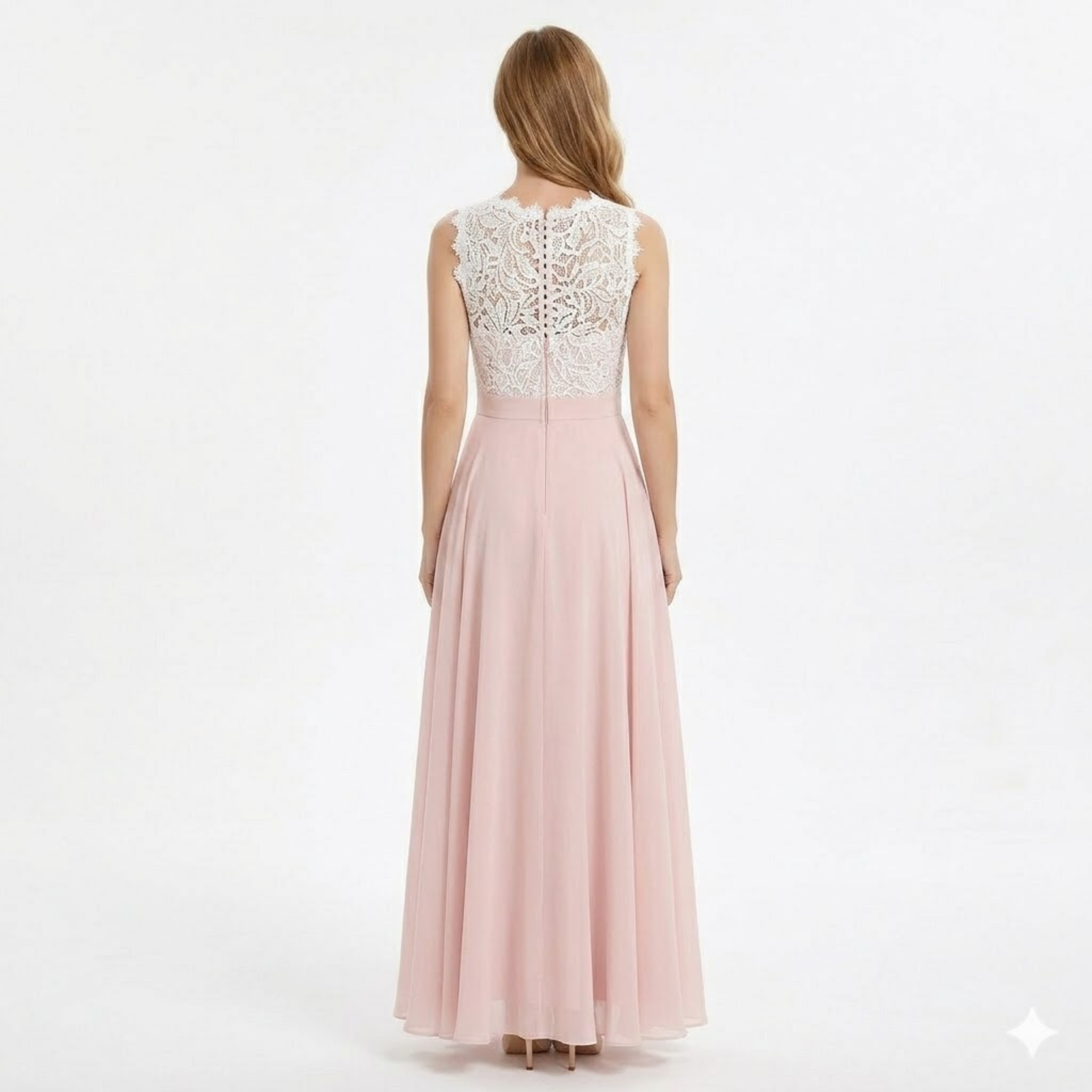 Robe Longue de Soirée Sans Manches en Dentelle et Mousseline avec Bustier Crocheté