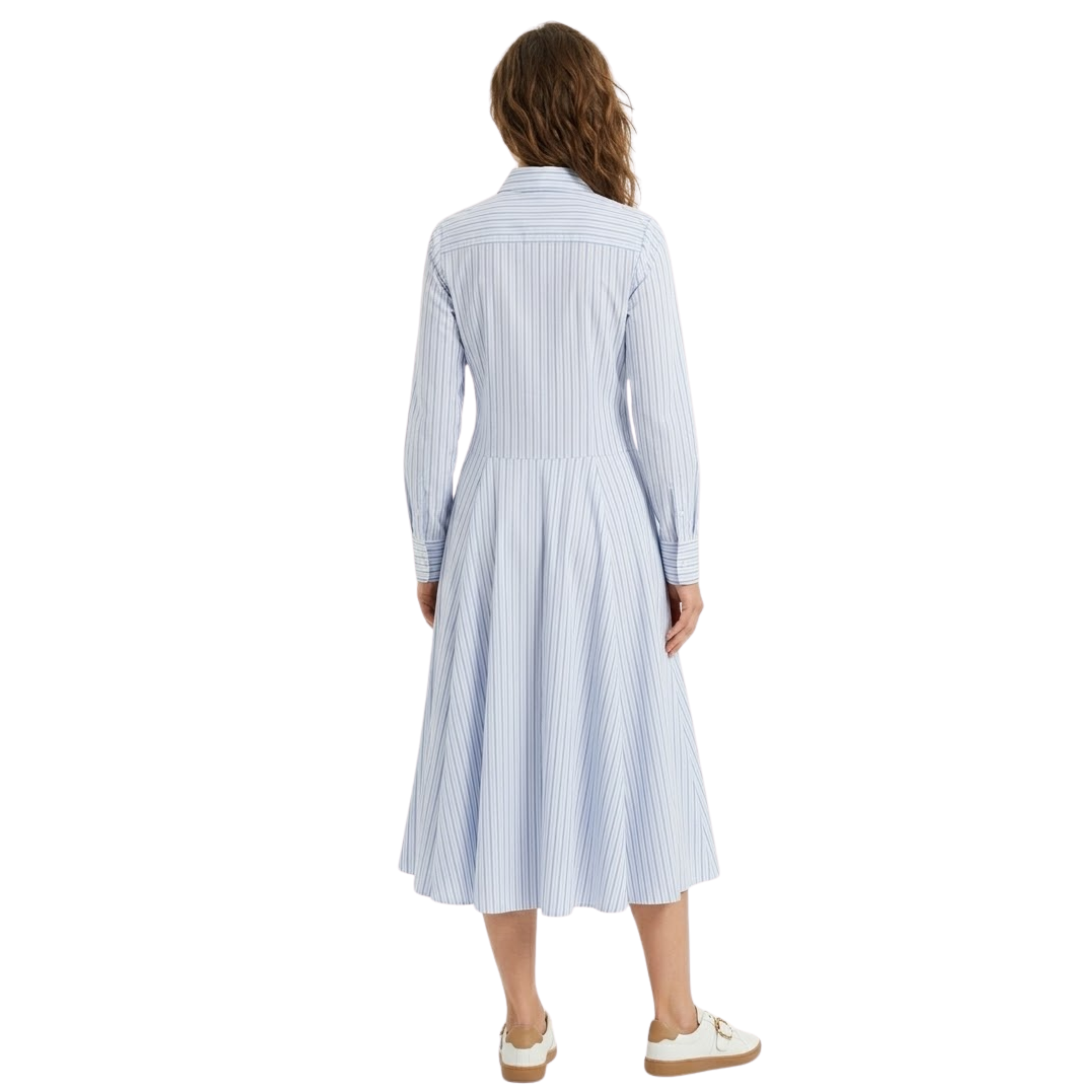 Női hosszú csíkos ruha hajtókás nyakkal és gombos hosszú ujjakkal