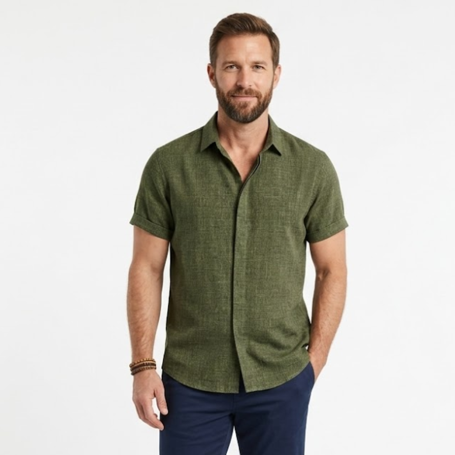 Rövid ujjú pamut-len ing férfiaknak, hajtókás gallérral