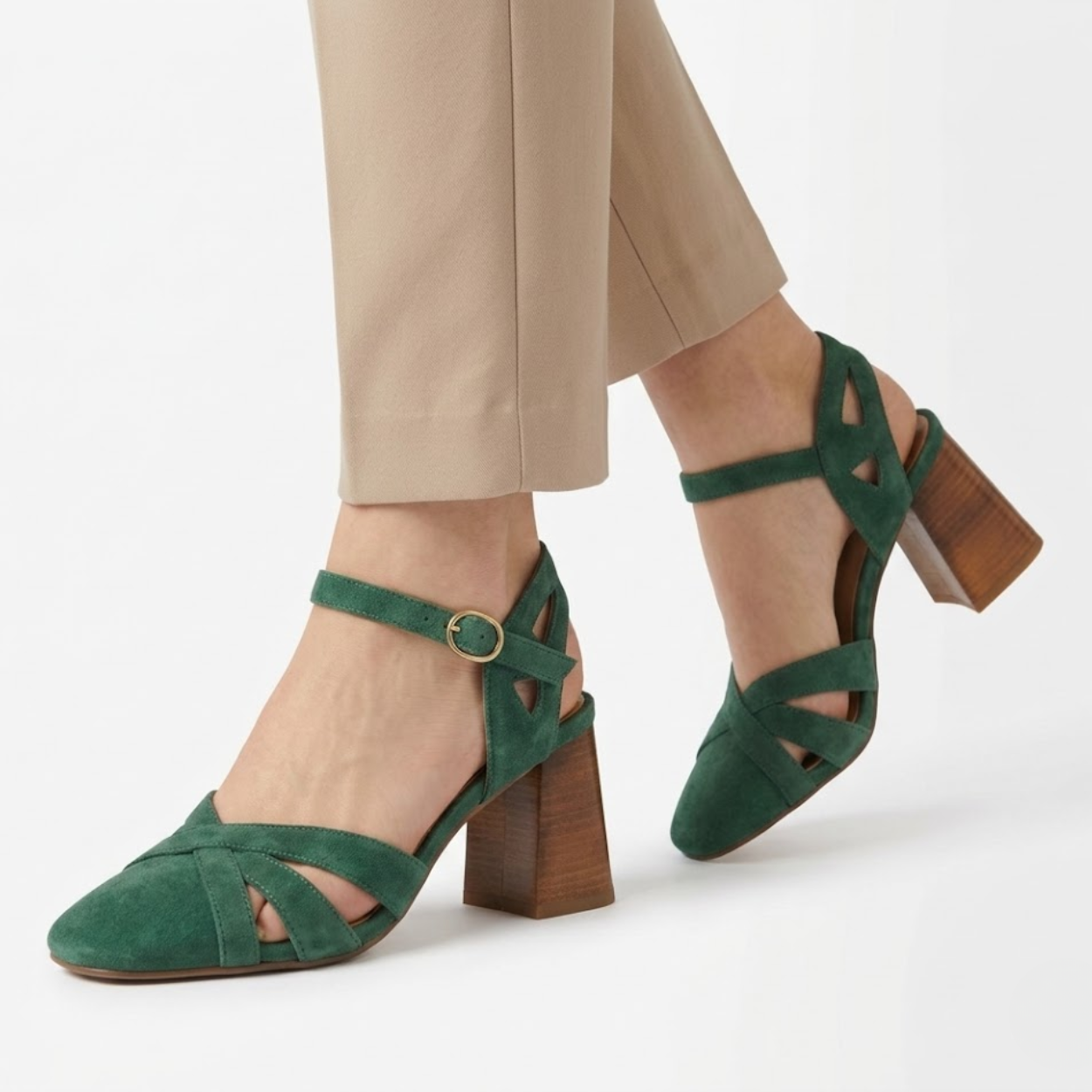 Sandalias de tacón de ante para mujer con punta cuadrada y correa al tobillo