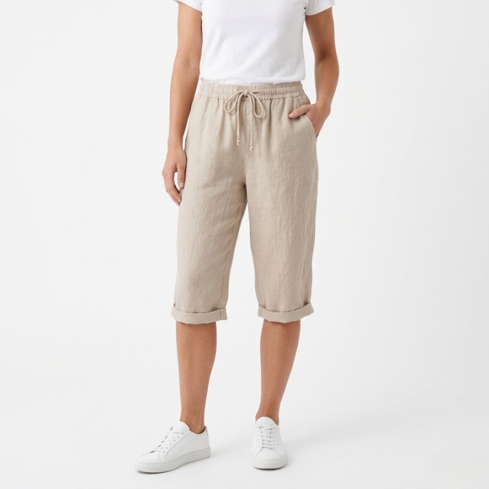 Pantaloni scurți din bumbac și in cu talie elastică și buzunare pentru femei