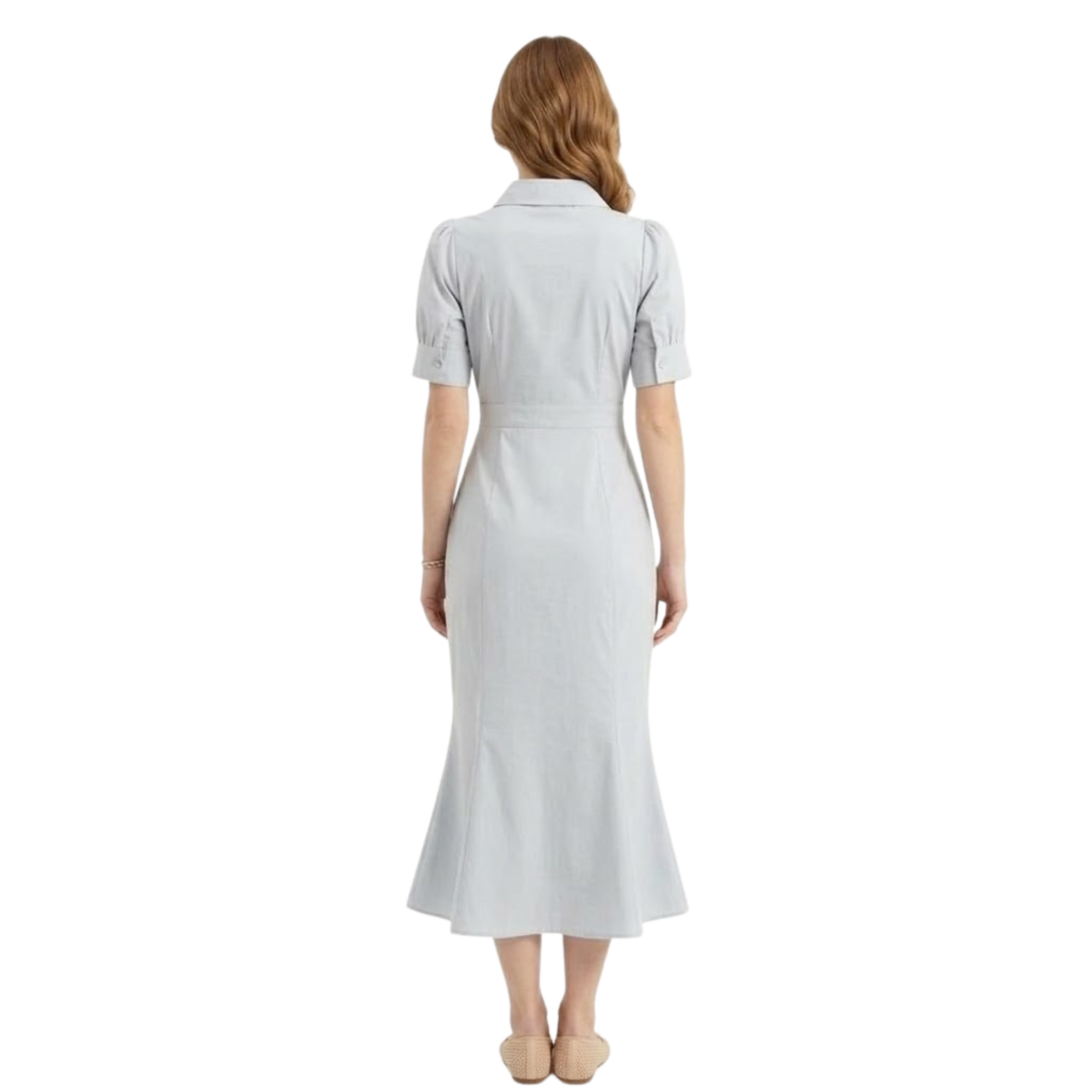 Női bővülő hosszú ruha rövid ujjakkal és gombolással