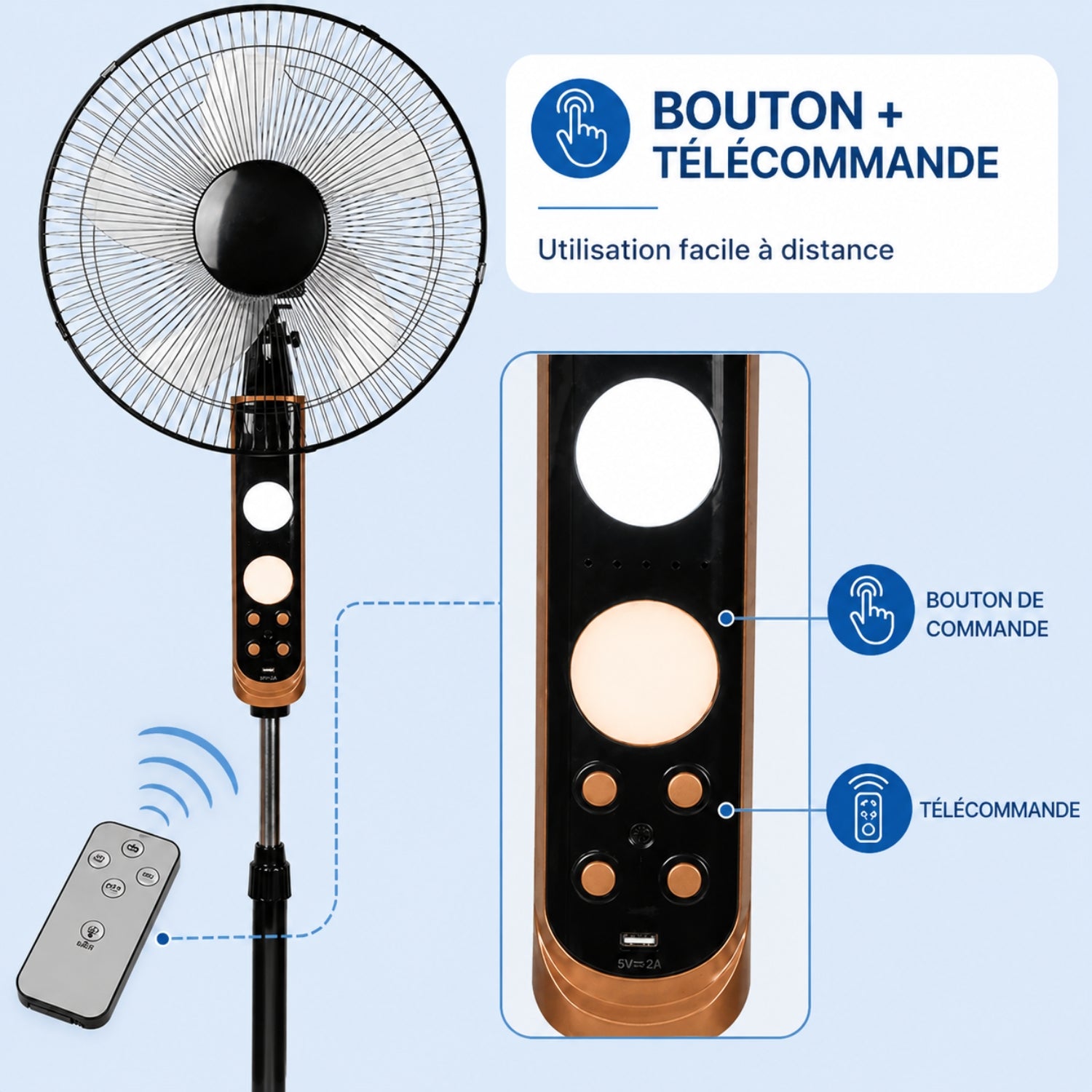 Ventilador de pie con control remoto, oscilación y 3 velocidades