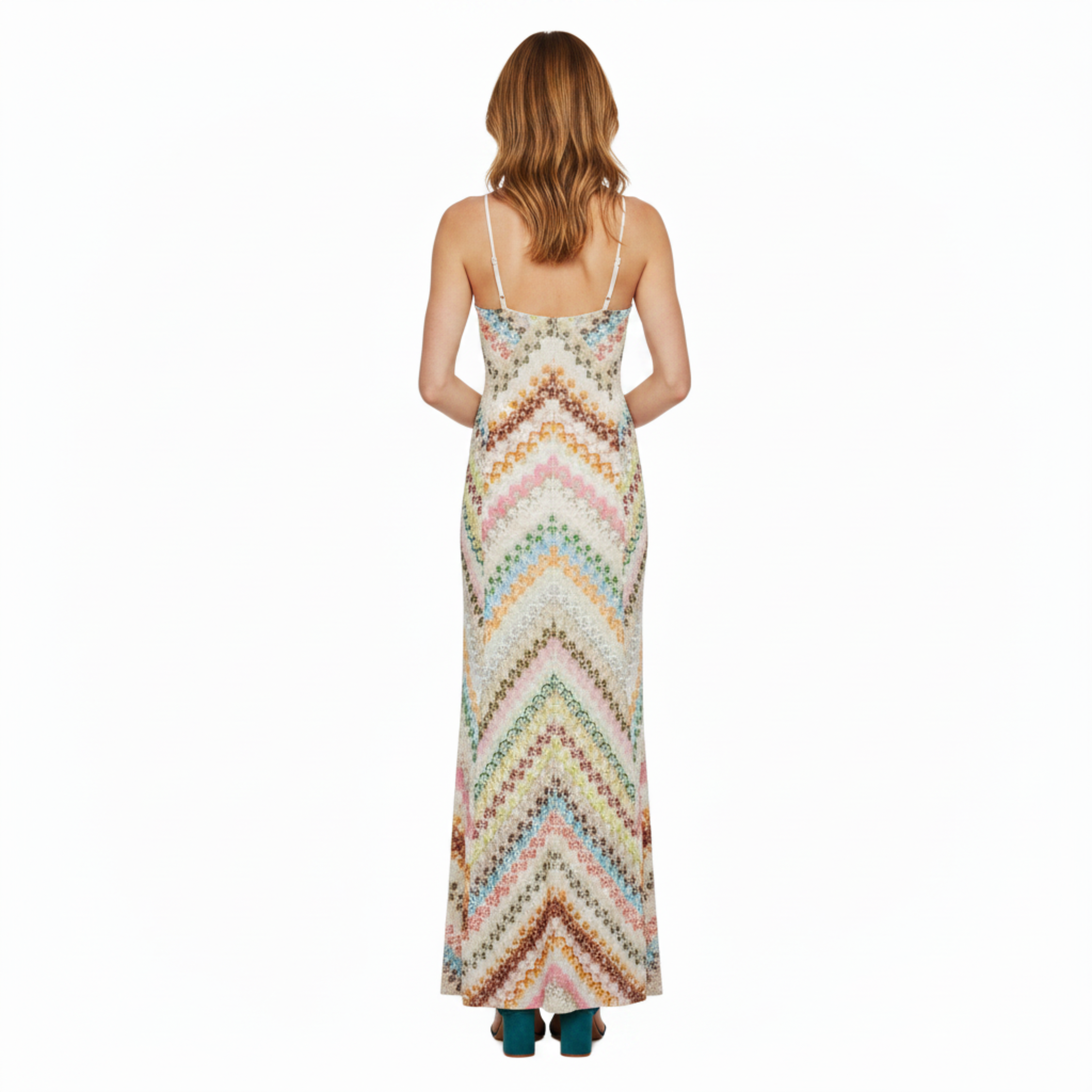 Abito Maxi in Maglia a Motivo Chevron con Scollo a V e Spalline Sottili