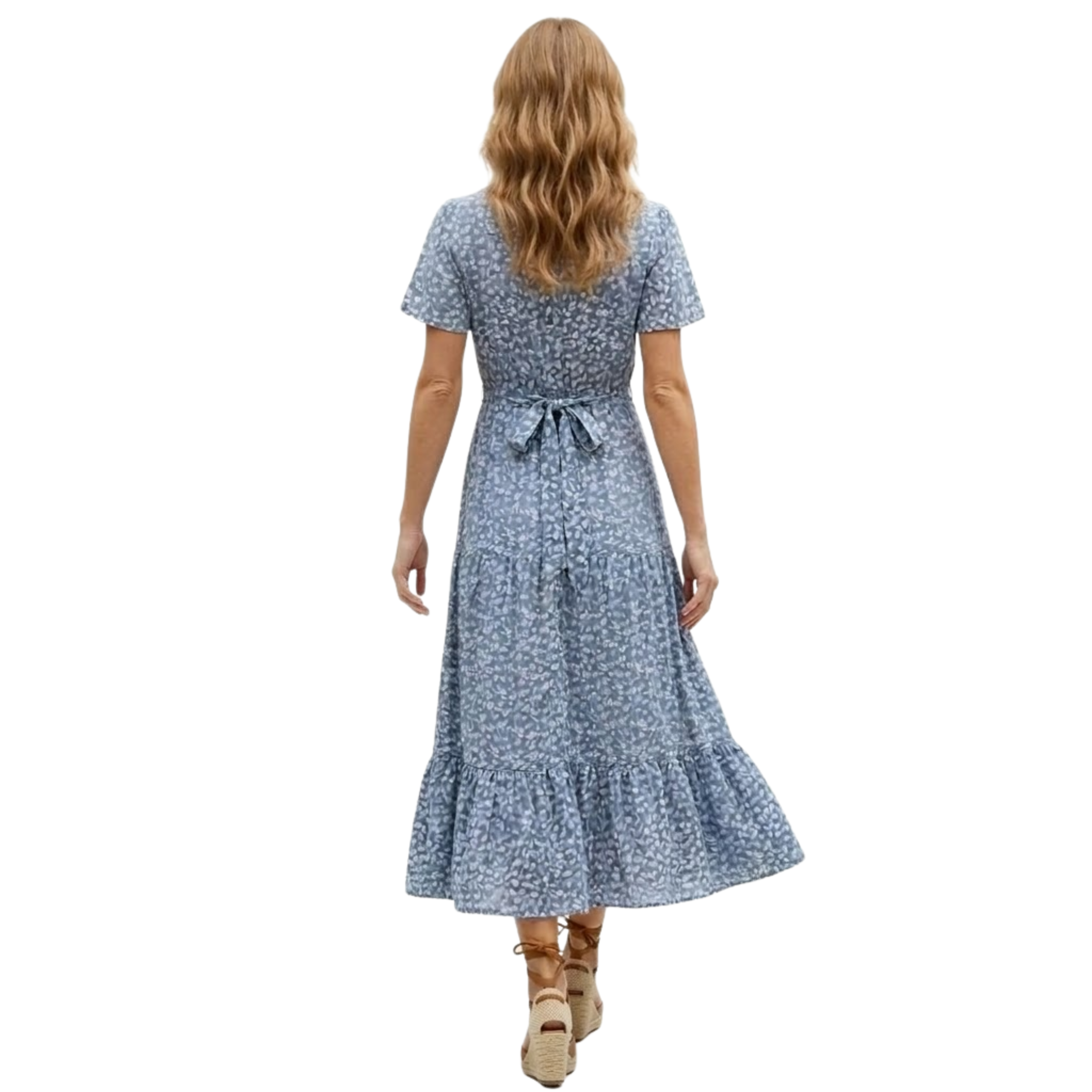 Női hosszú pamut ruha virágmintával, V-nyakú, elülső gombokkal