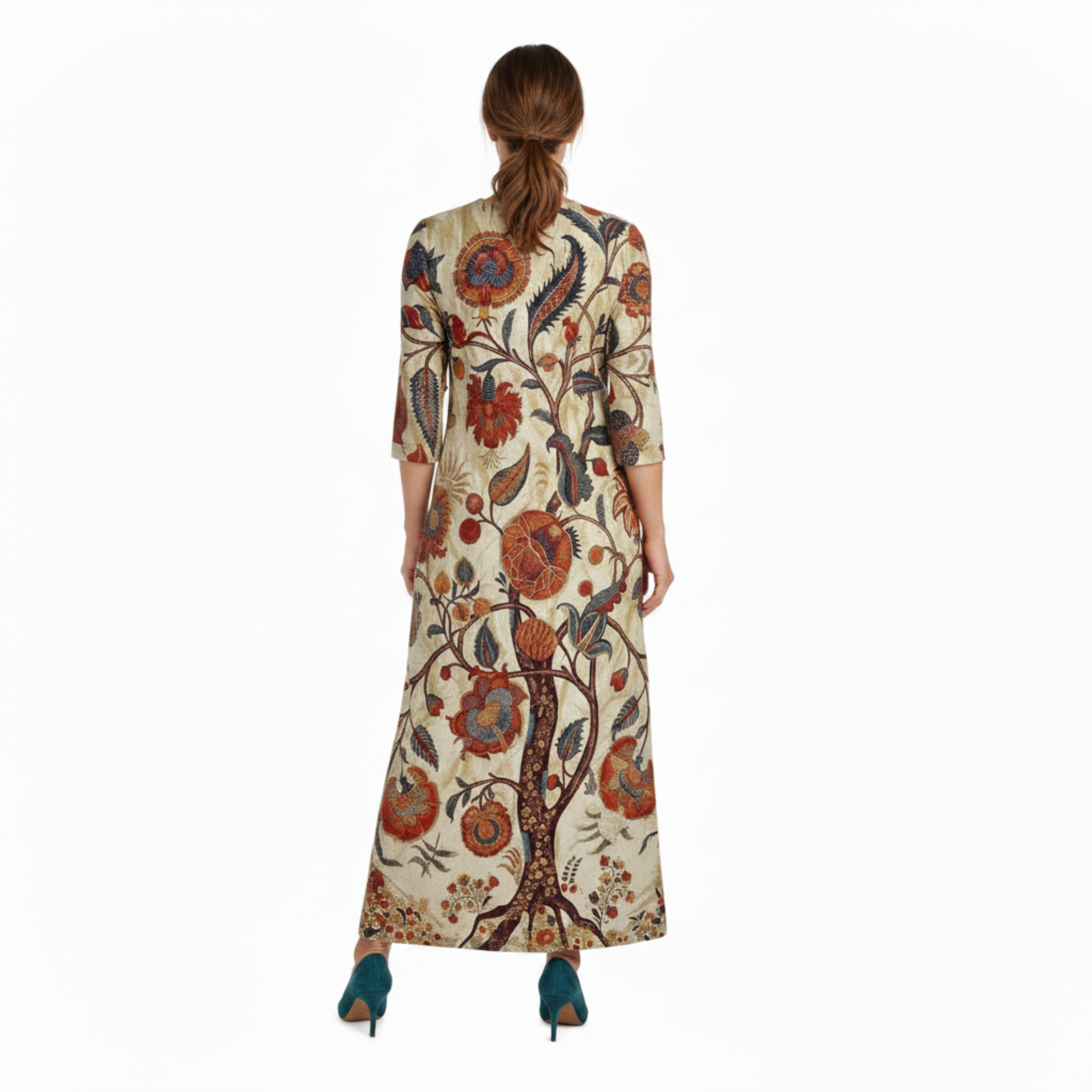 Vestido largo de lino para mujer con estampado floral bohemio y escote en V