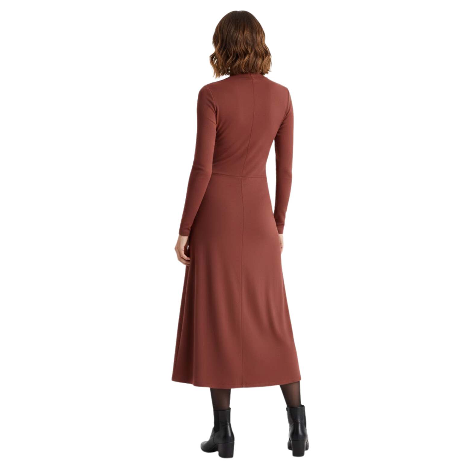 Hosszú, testhez simuló ruha hosszú ujjakkal és magas garbónyakkal