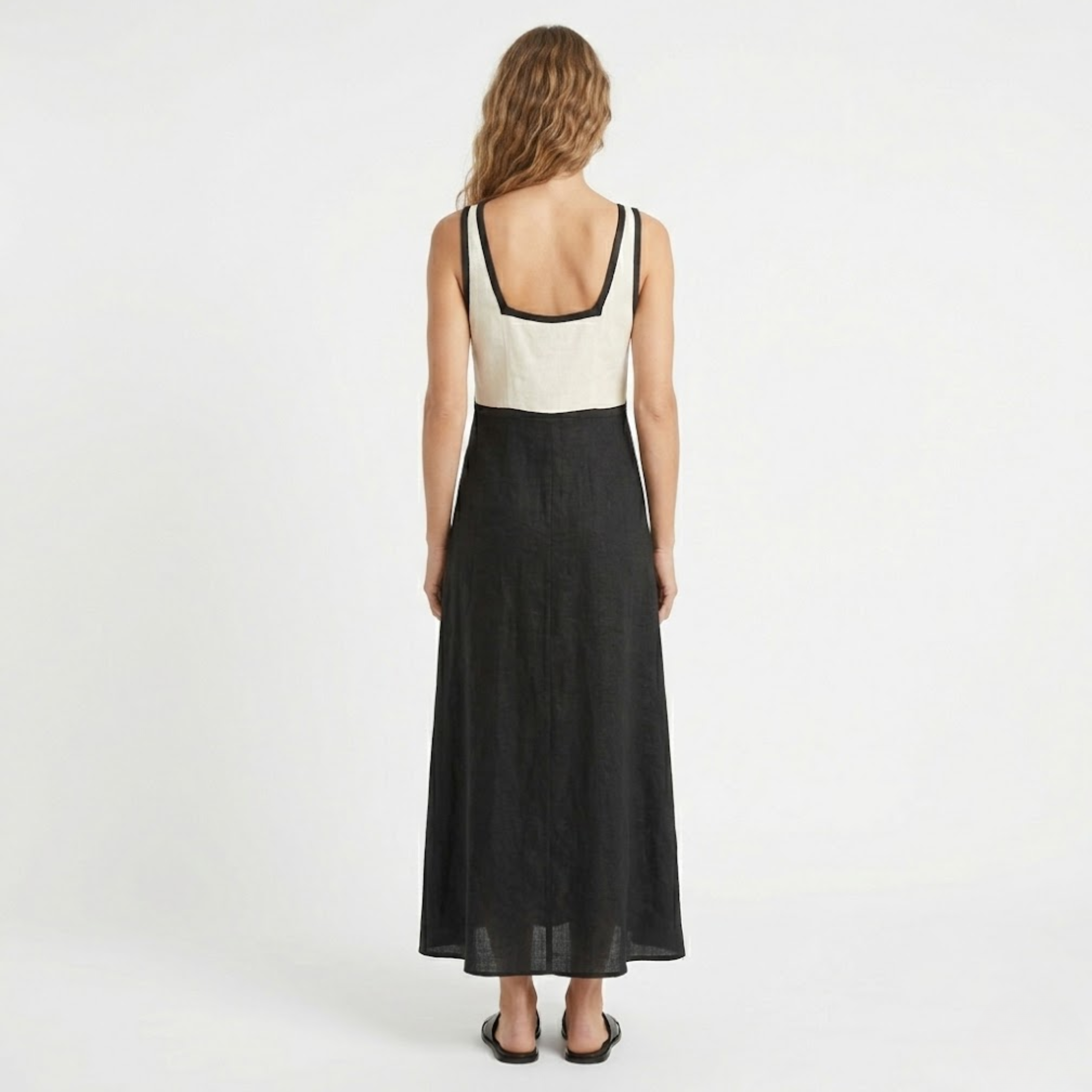 Robe Longue Satinée sans Manches avec Col en V et Design Contrasté