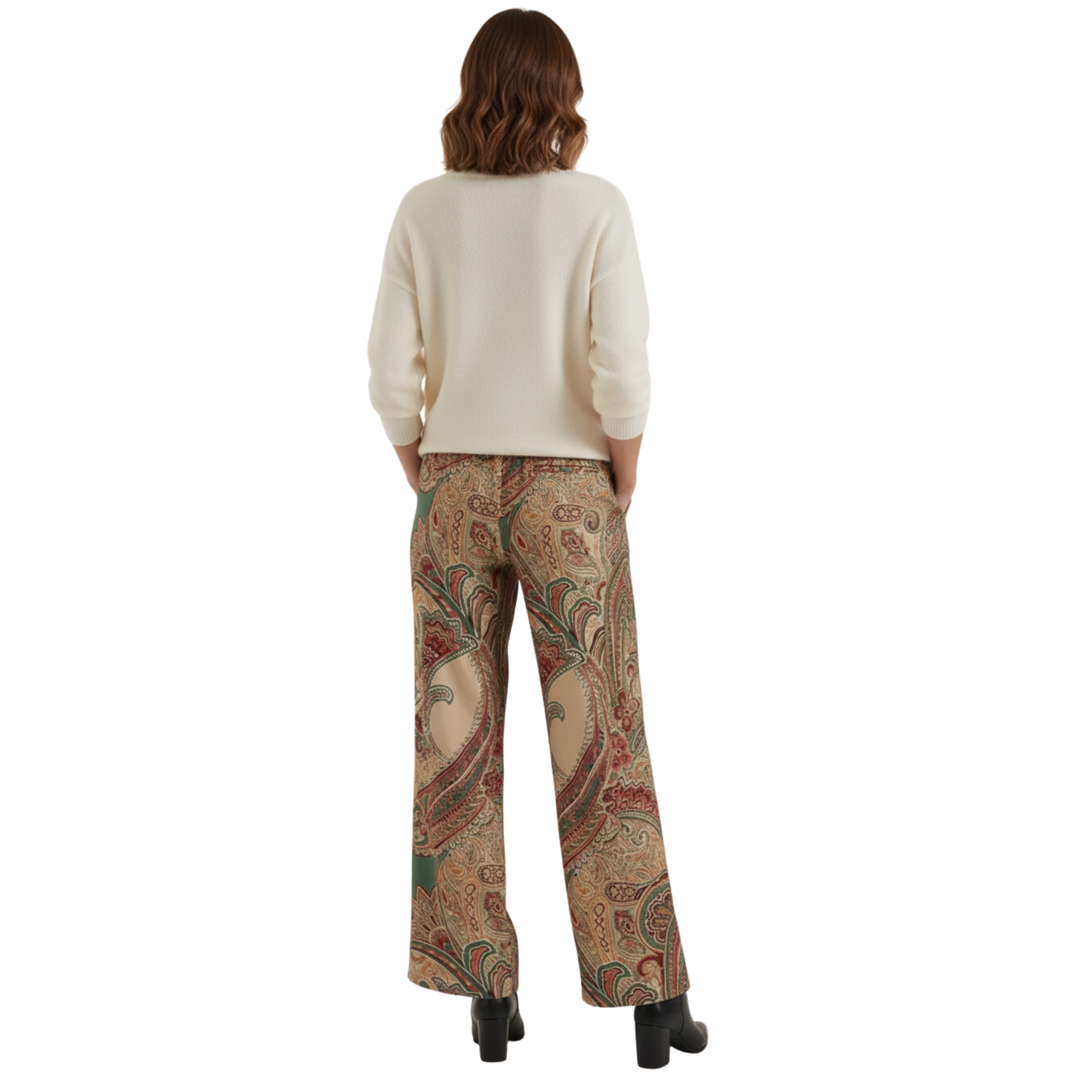 Pantaloni larghi con stampa cachemire e vita alta elastica per donna