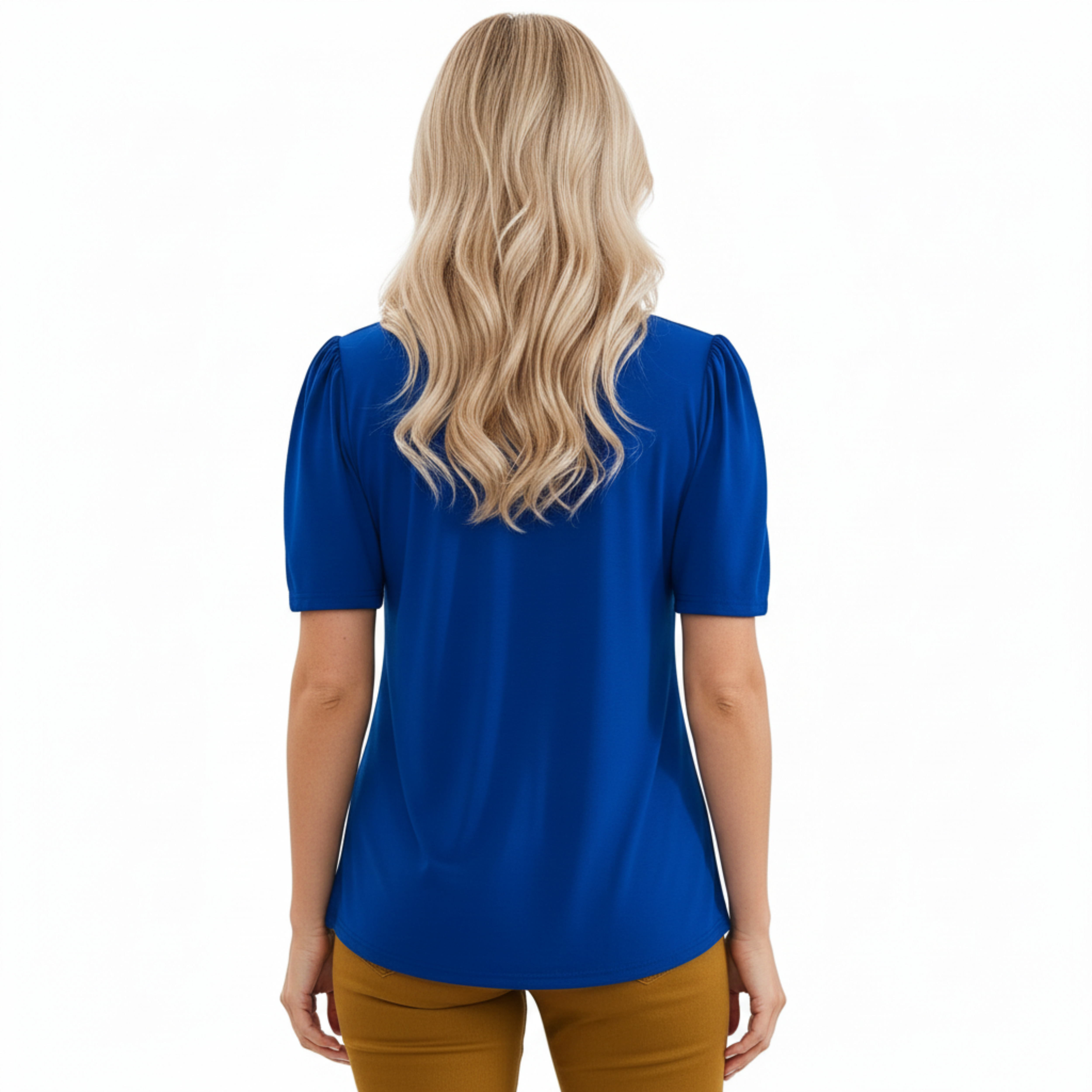 Női rövid ujjú póló kerek, bővülő nyakkal és pliszírozott részletekkel