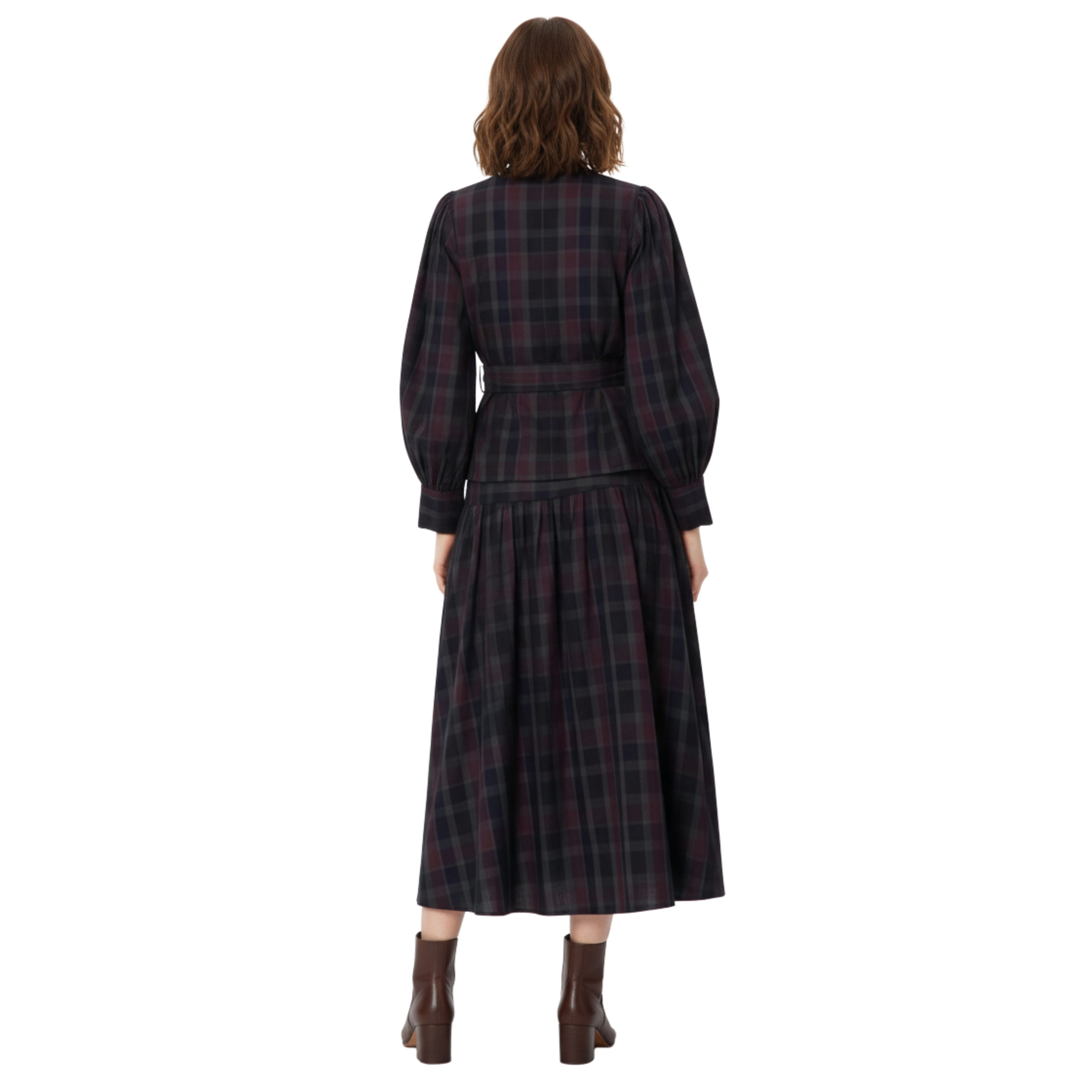 Női kockás két részes szett, lámpás ujjú blézerrel és trapéz szoknyával