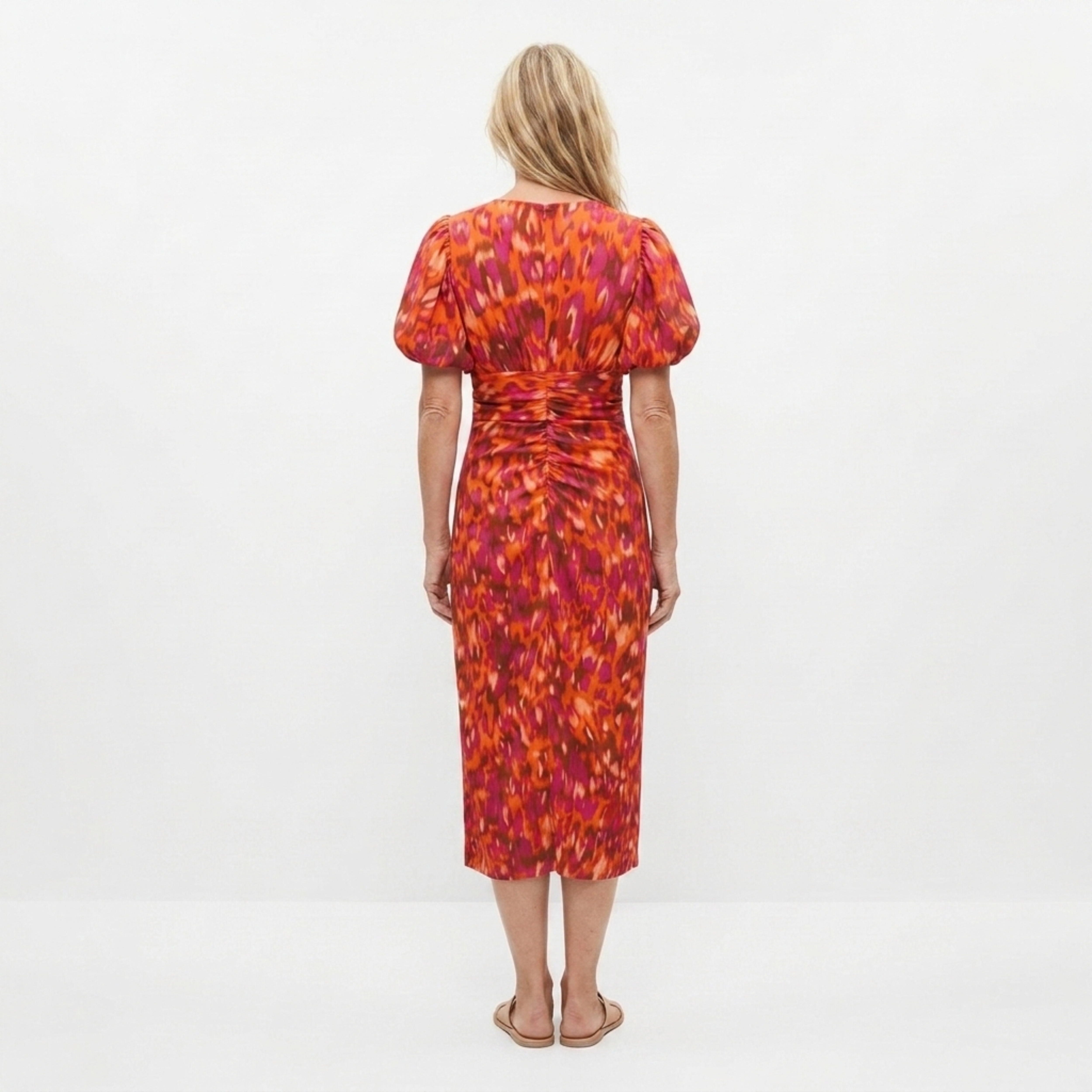 Printed long dress — V-neck and puff sleeves — party