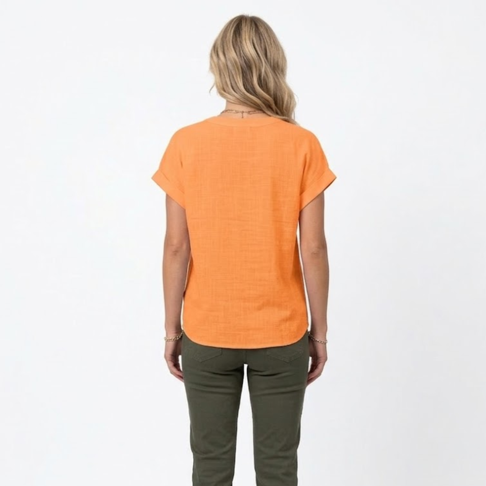 Női rövid ujjú, V-nyakú pamut-len blúz