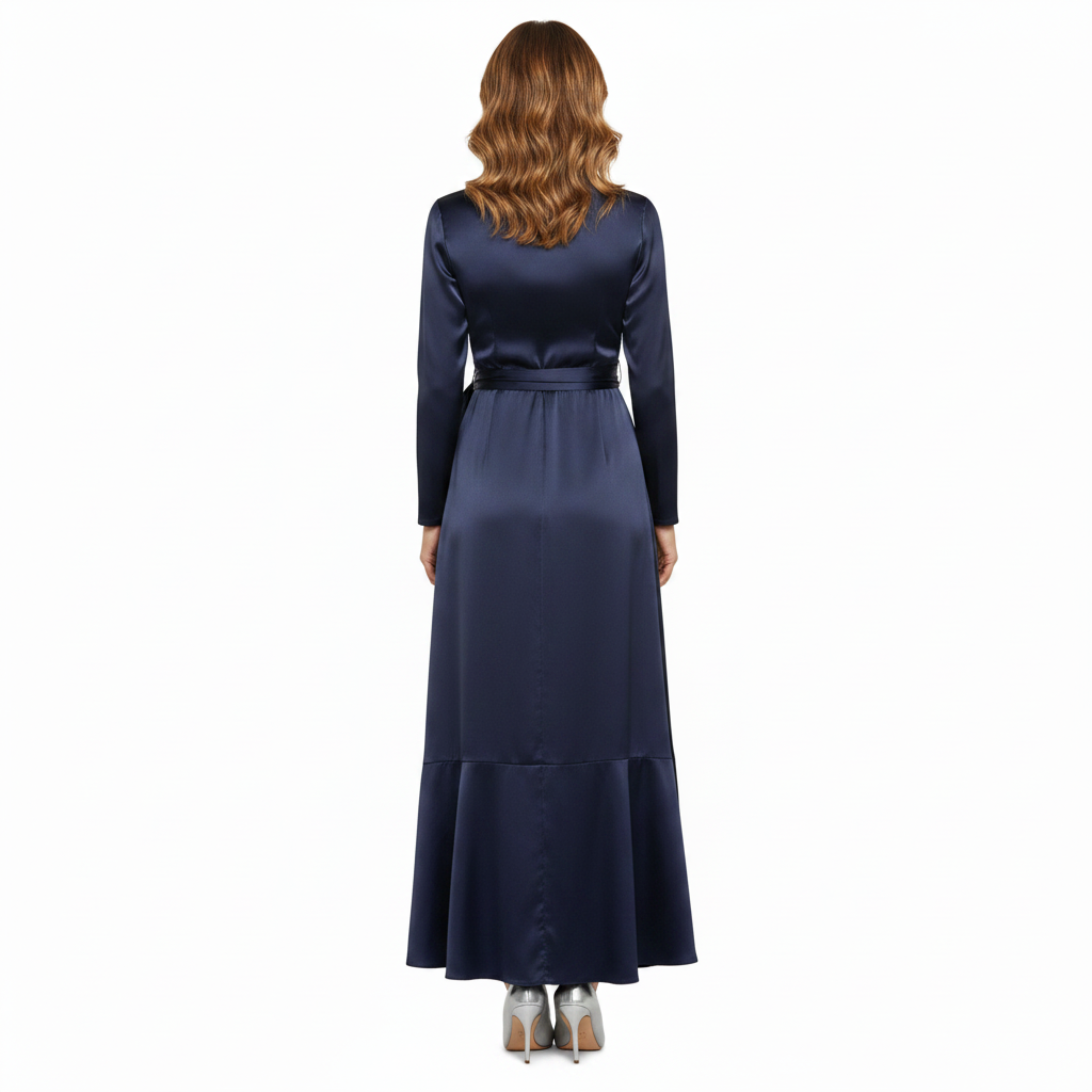 Long Satin Cocktail Dress with Wrap Design and Cascade Skirt