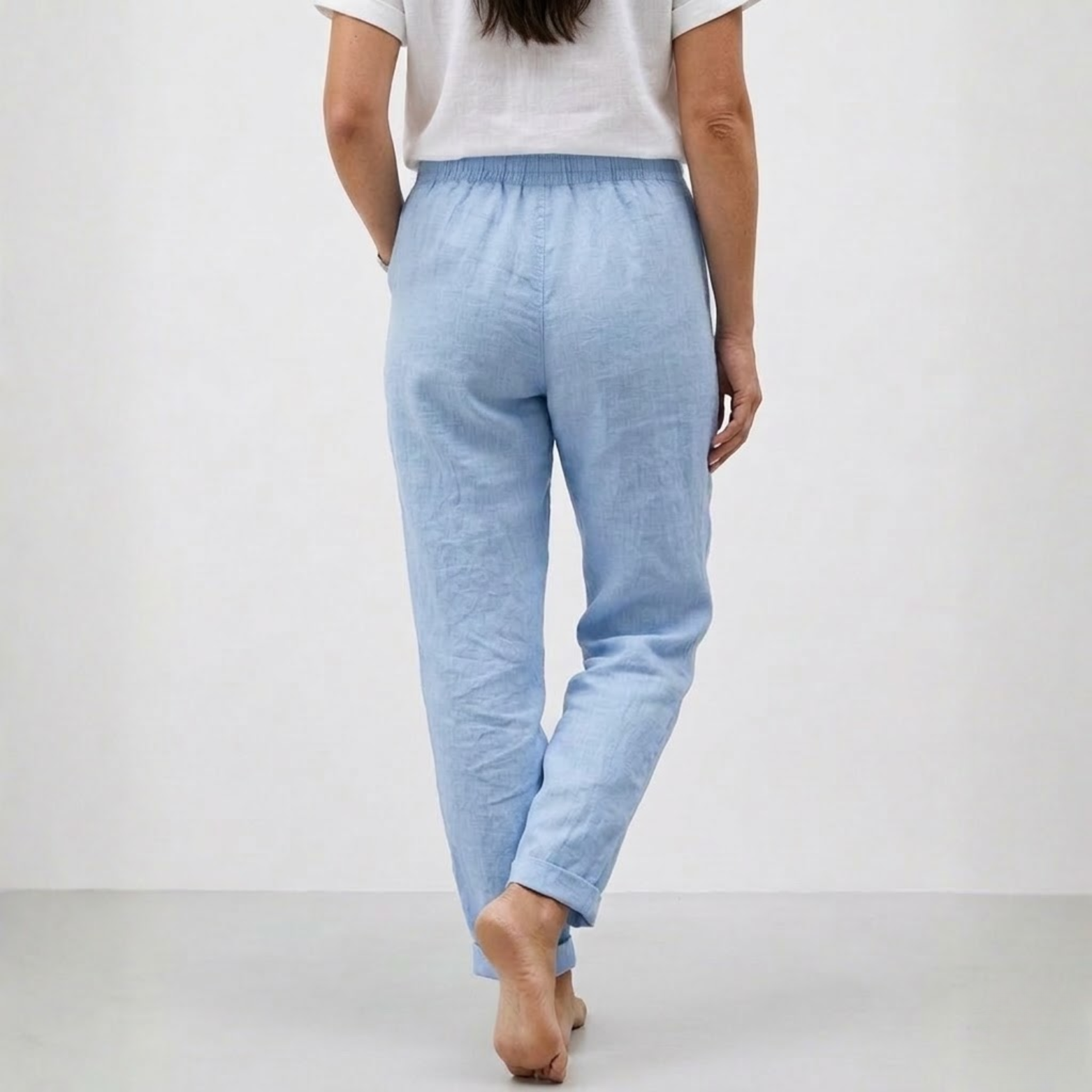Calças de Algodão e Linho com Cintura Alta Elástica e Corte Descontraído para Mulher