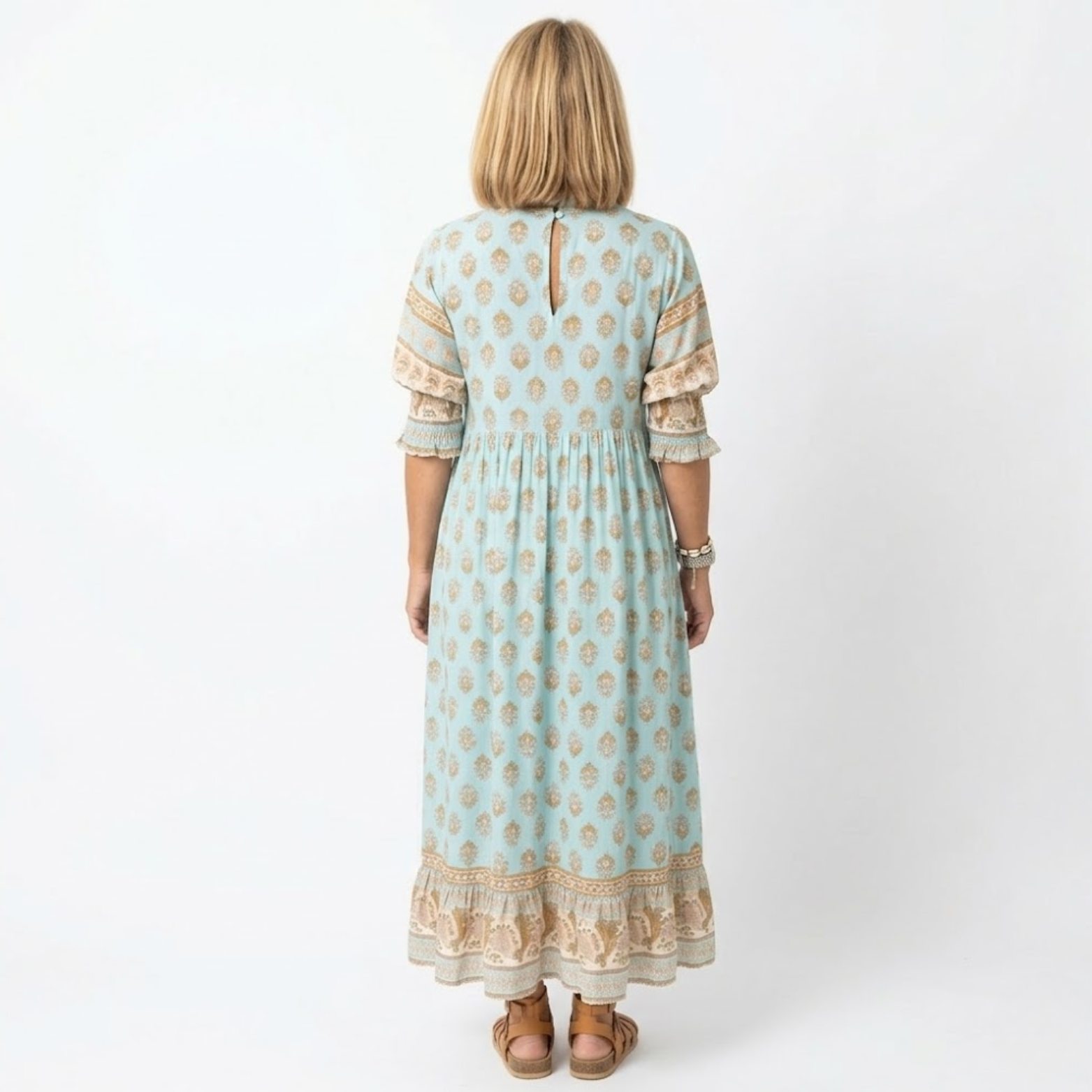 Női Boho Stílusú Midi Ruha Virágmintával, V-nyakú és Lámpás Ujjú