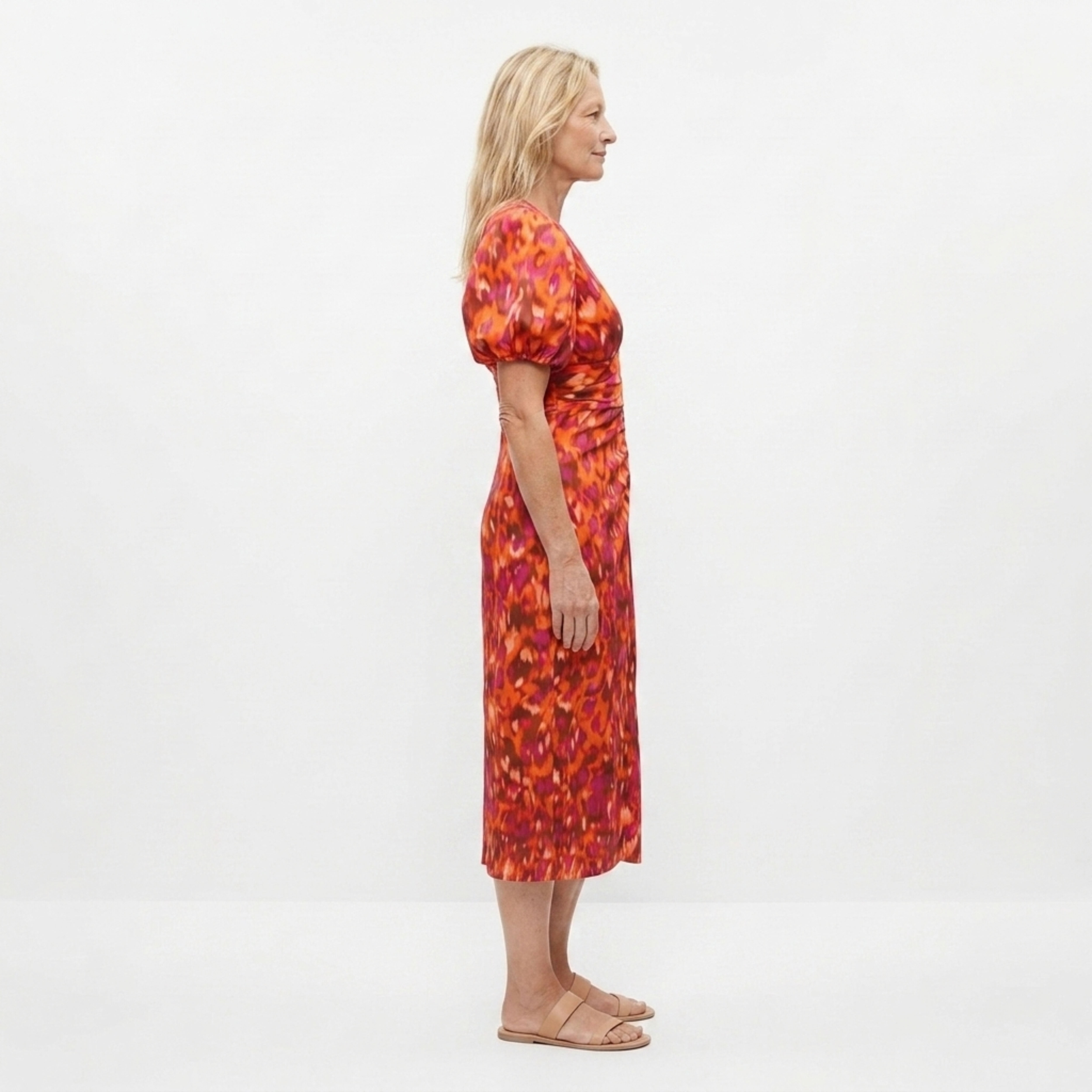 Printed long dress — V-neck and puff sleeves — party