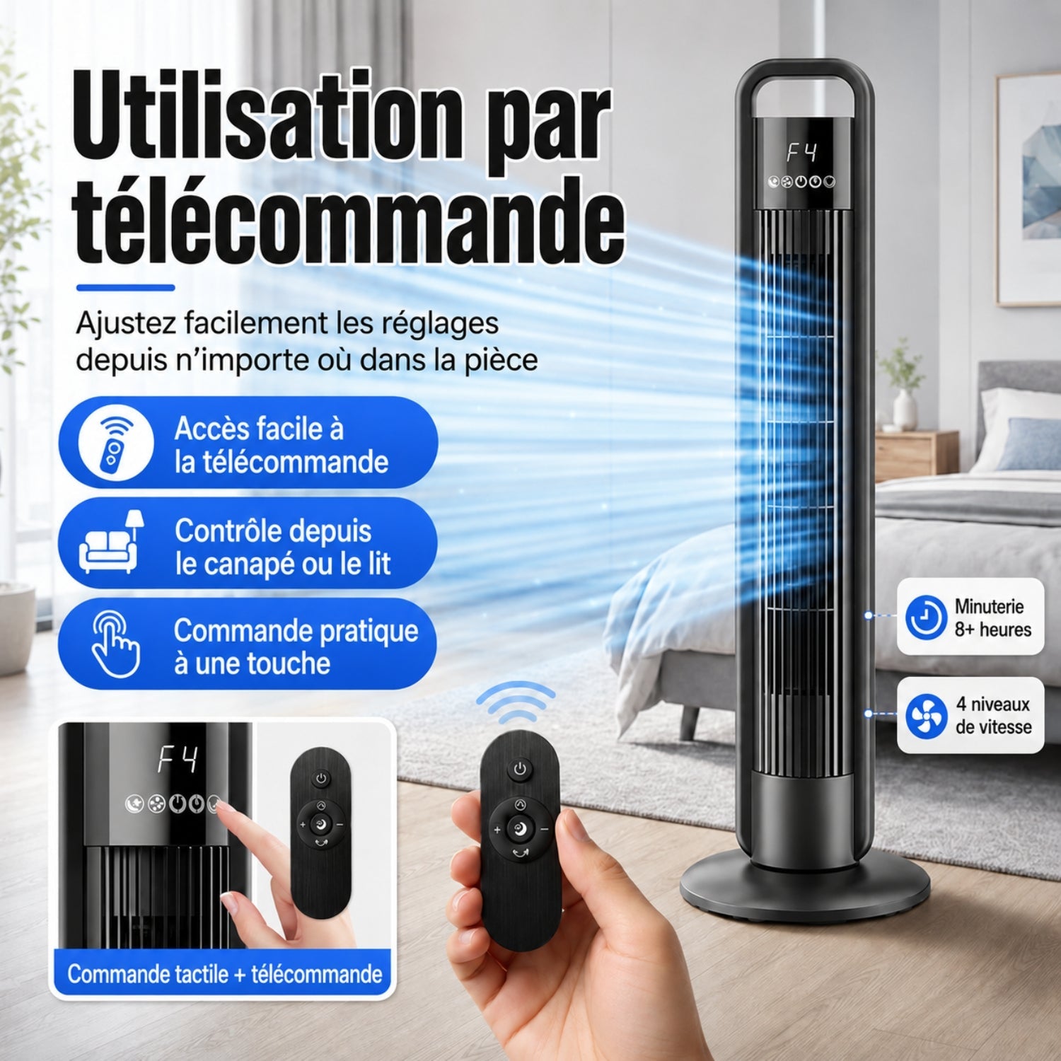 Ventilador de columna con control remoto, oscilación y 4 velocidades