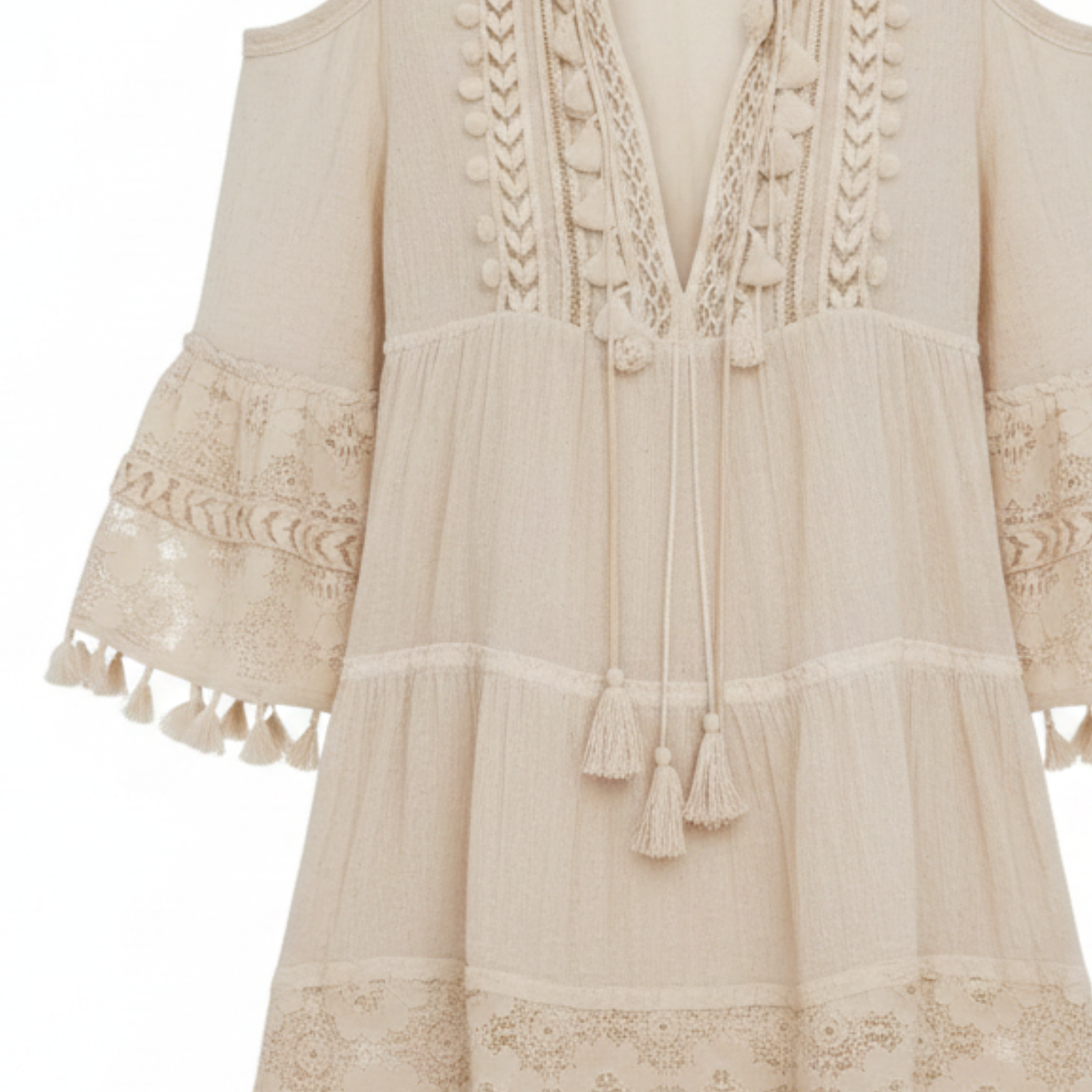 Vestido corto bohemio para mujer en algodón bordado con mangas acampanadas