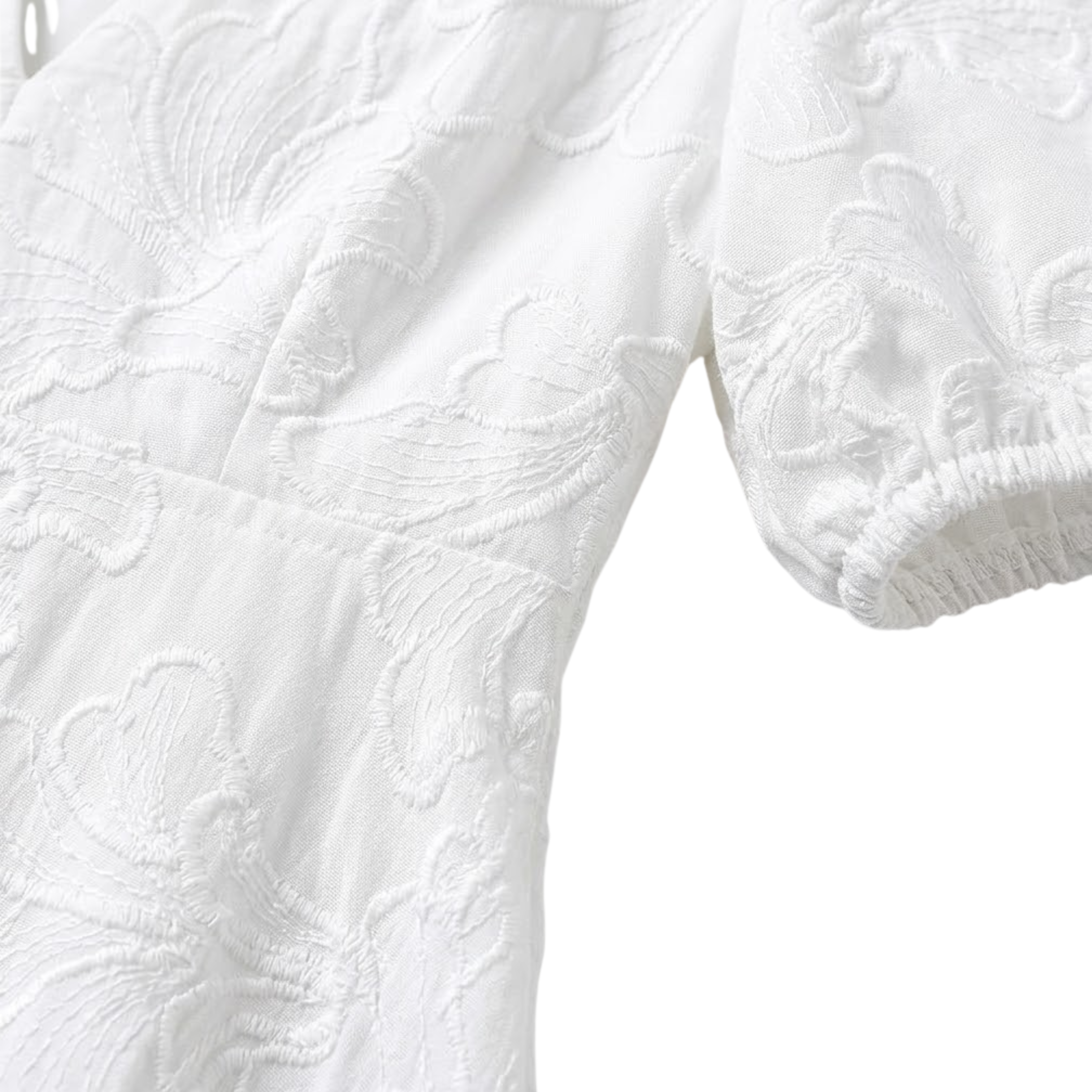 Robe Courte Brodée avec Col en V et Manches Bouffantes