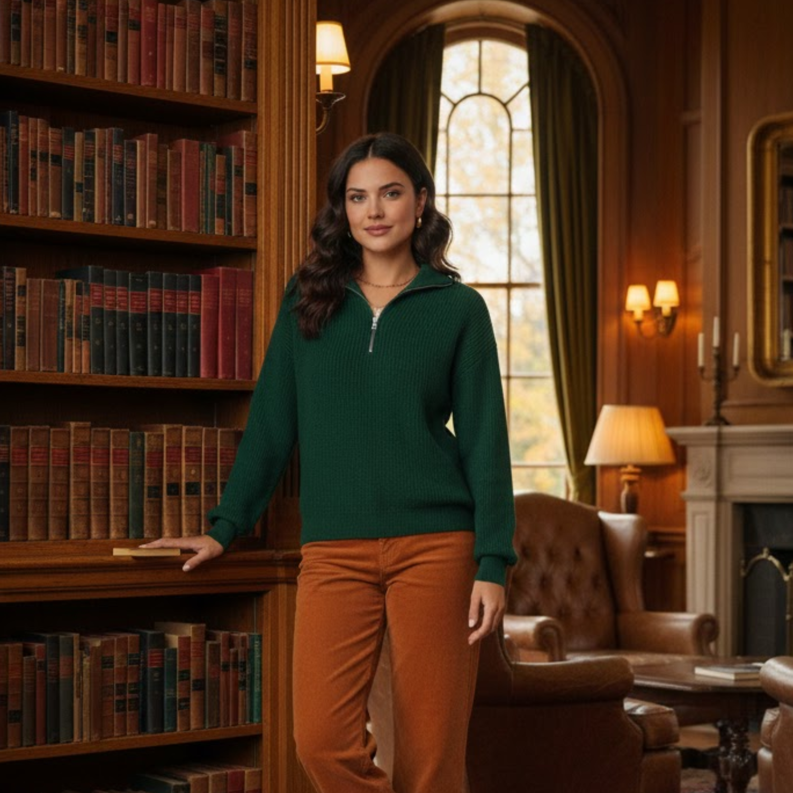 Elegant women's sweater with high collar and half zipper, soft knit, casual