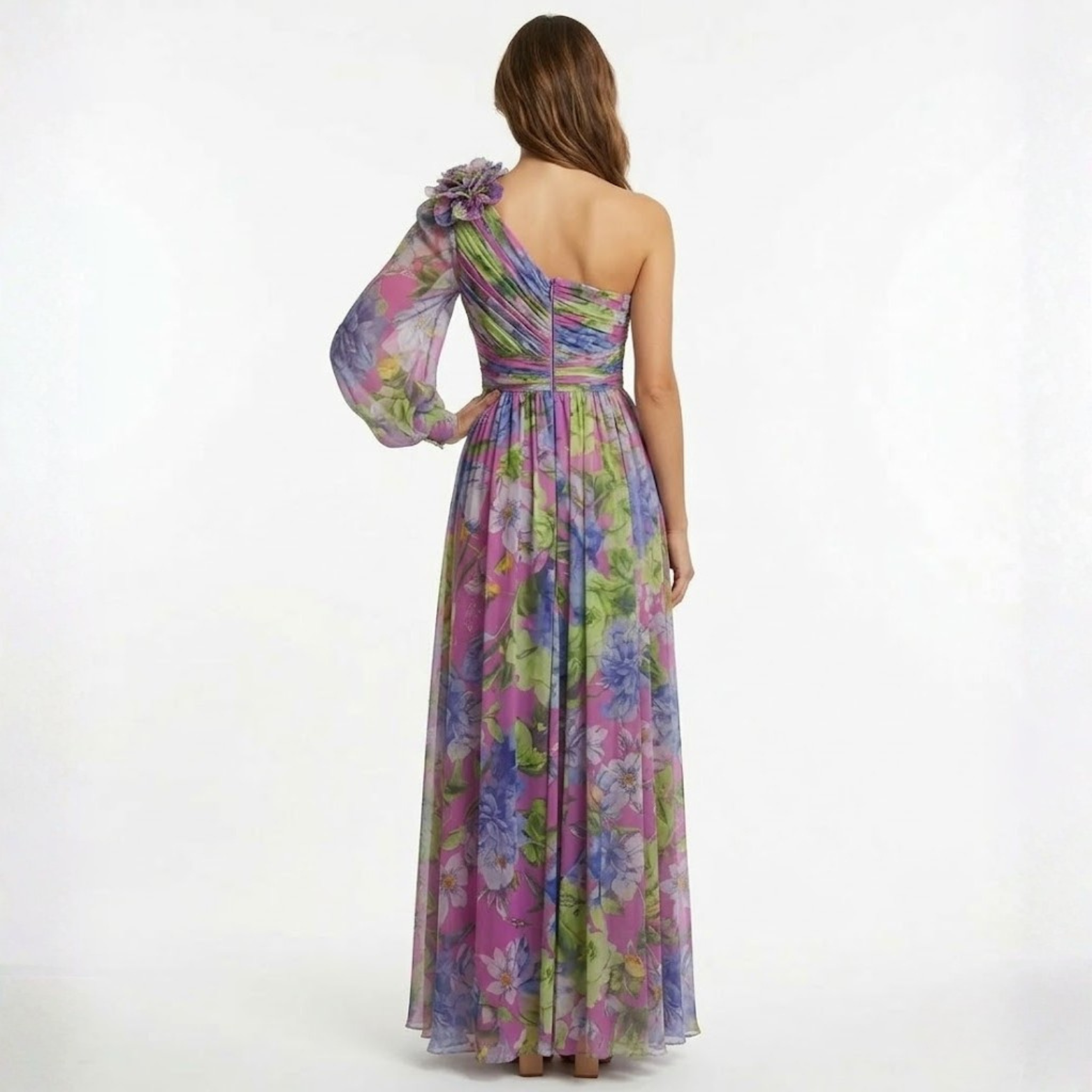 Robe Longue de Soirée Asymétrique Fleurie avec Manche Mousseline et Spacco