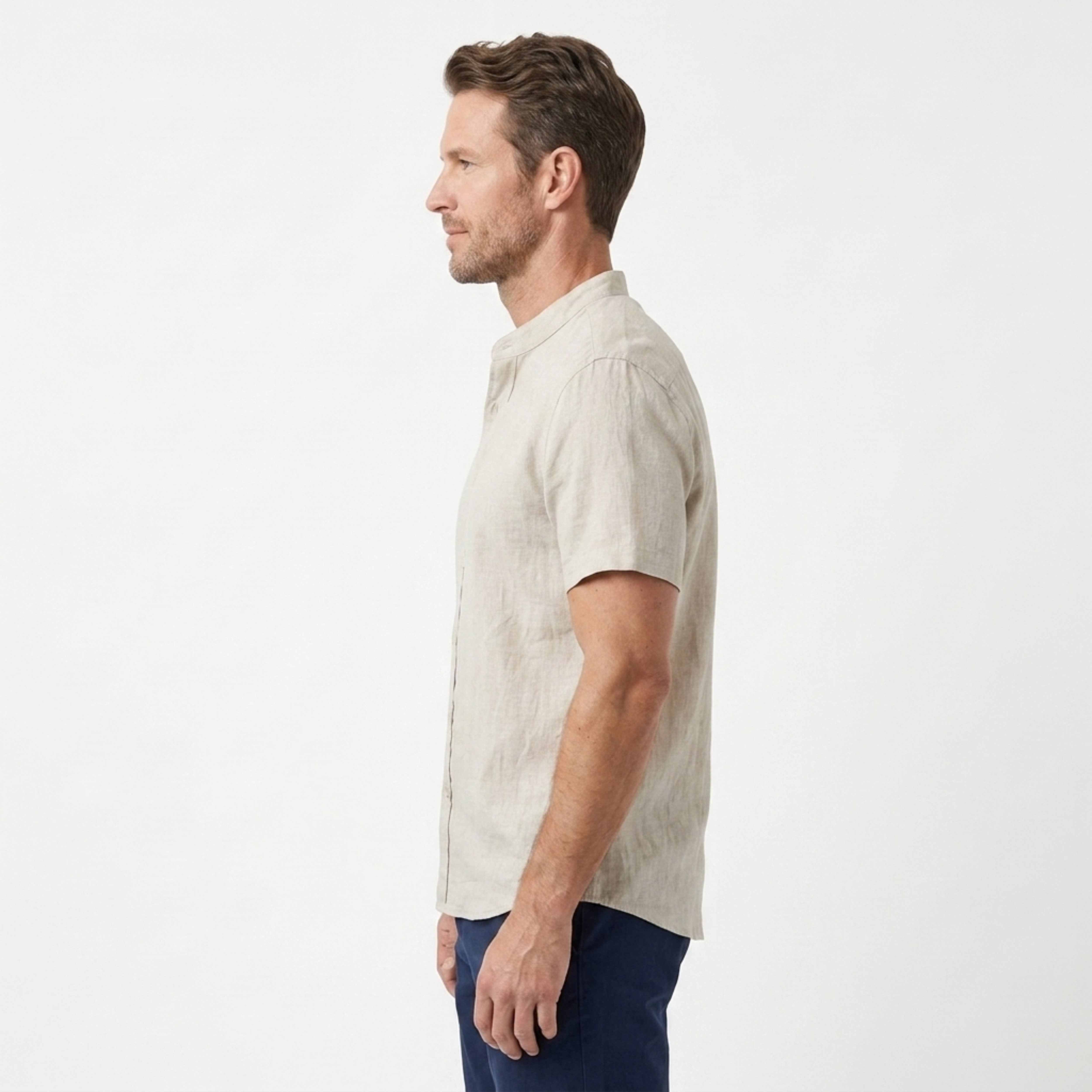 Men's Linen Shirt with Mandarin Collar and Short Sleeves — Summer