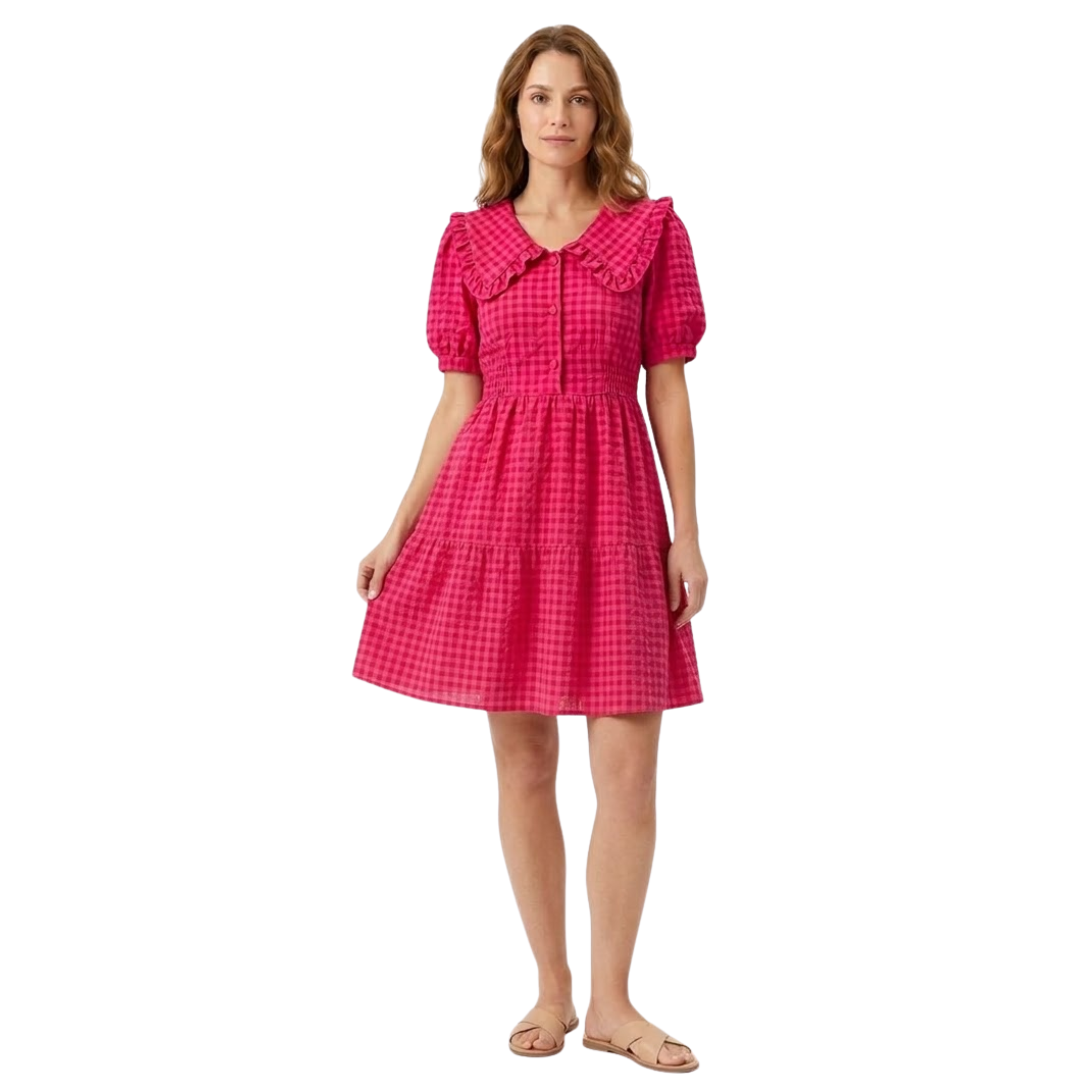 Long Plaid Dress with Peter Pan Collar and Puff Sleeves for Women