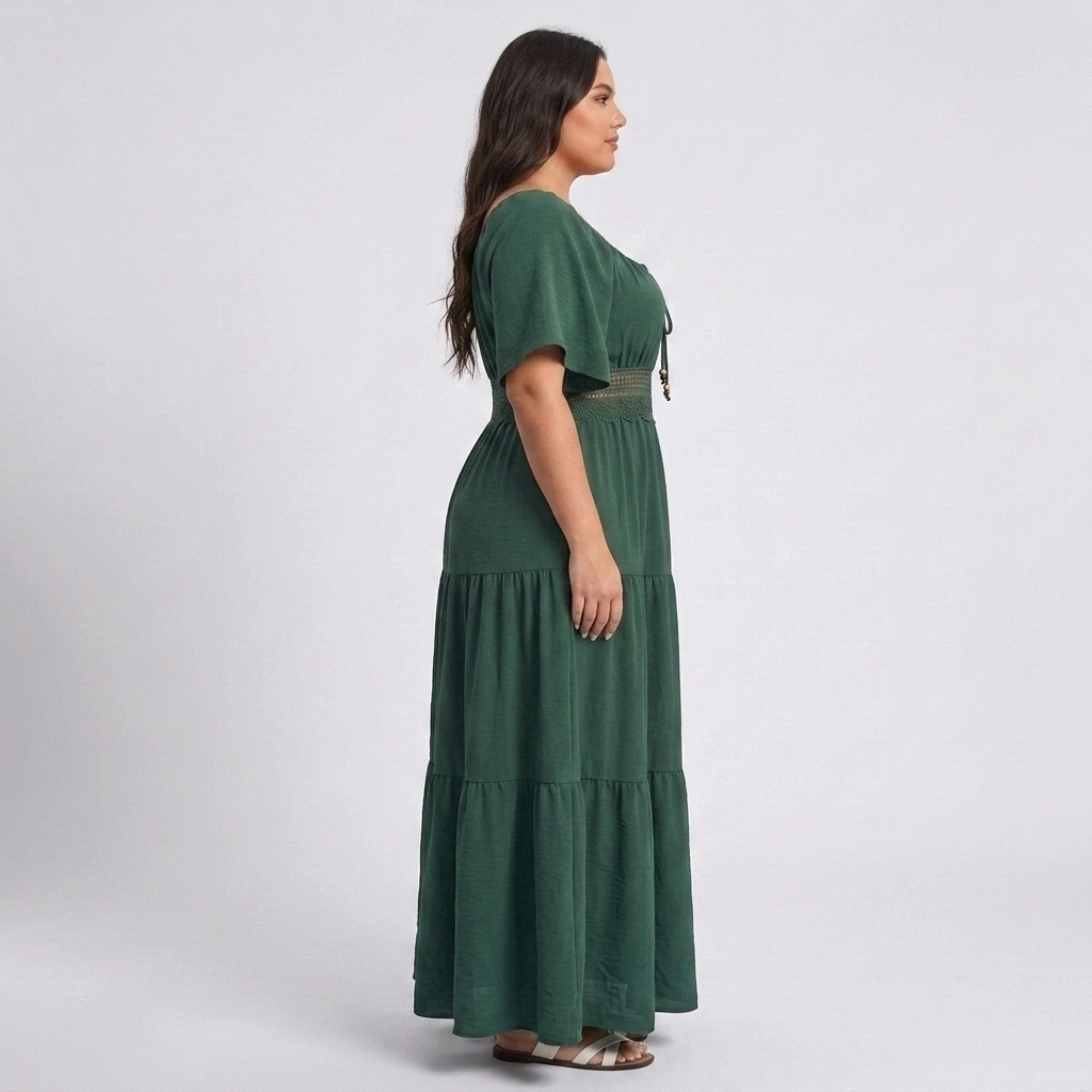 Robe longue grande taille imprimée champêtre avec col carré et manches papillon