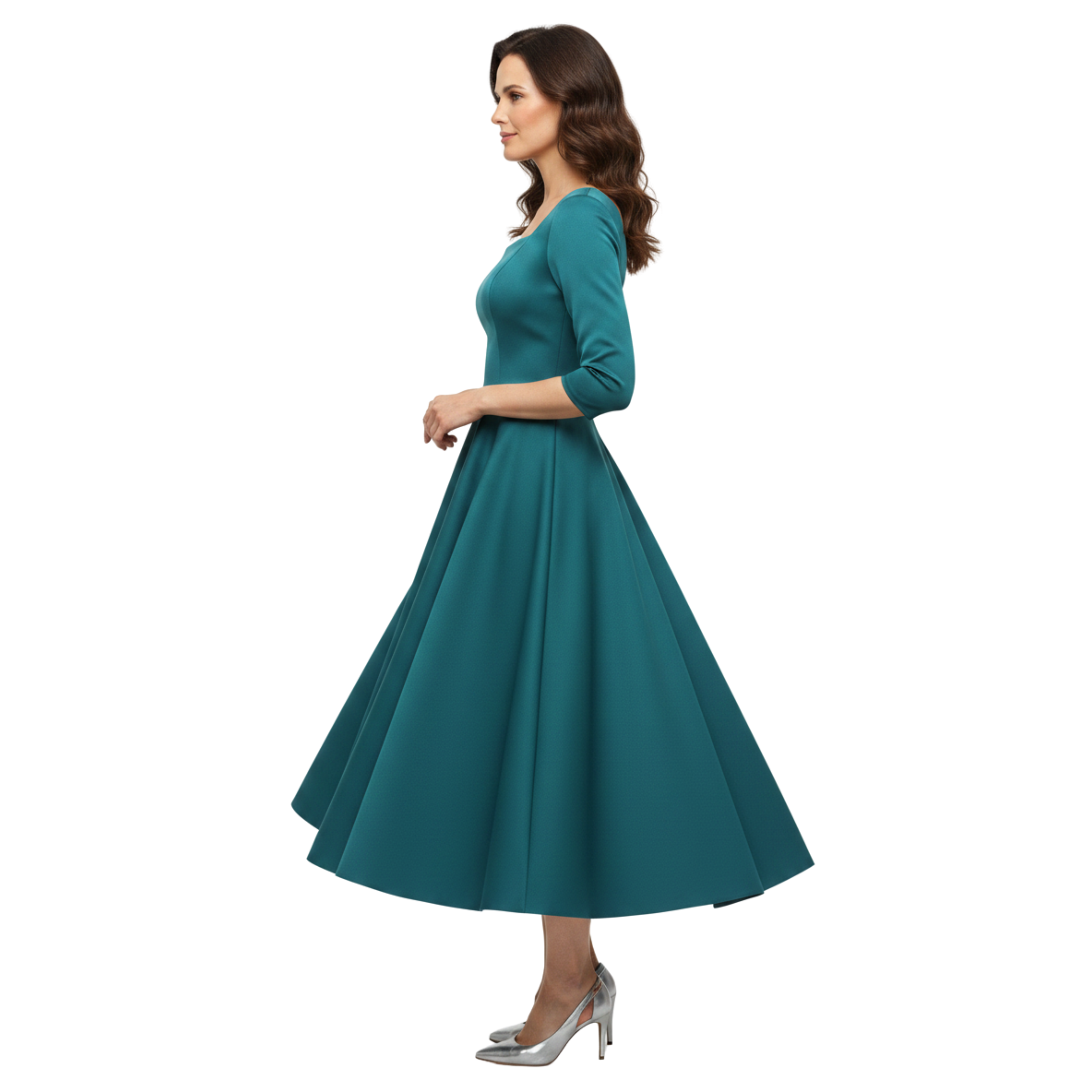 Midi ausgestelltes Abendkleid mit 3/4-Ärmeln für Hochzeitsgäste